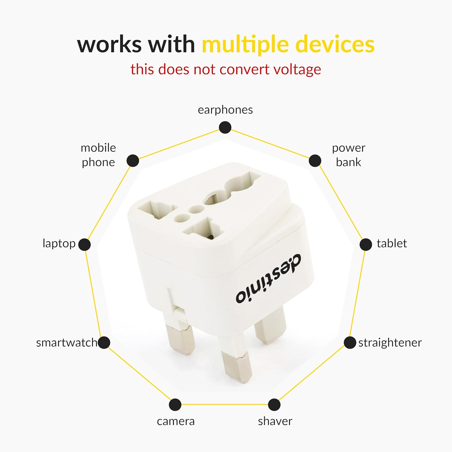 1735388035 Destinio India to UK Plug Adapter Type G 10 Year Warranty 1 Socket UAE Dubai Hongkong UK Travel Adapter CE Certified RoHS Compliant White Pack of 2