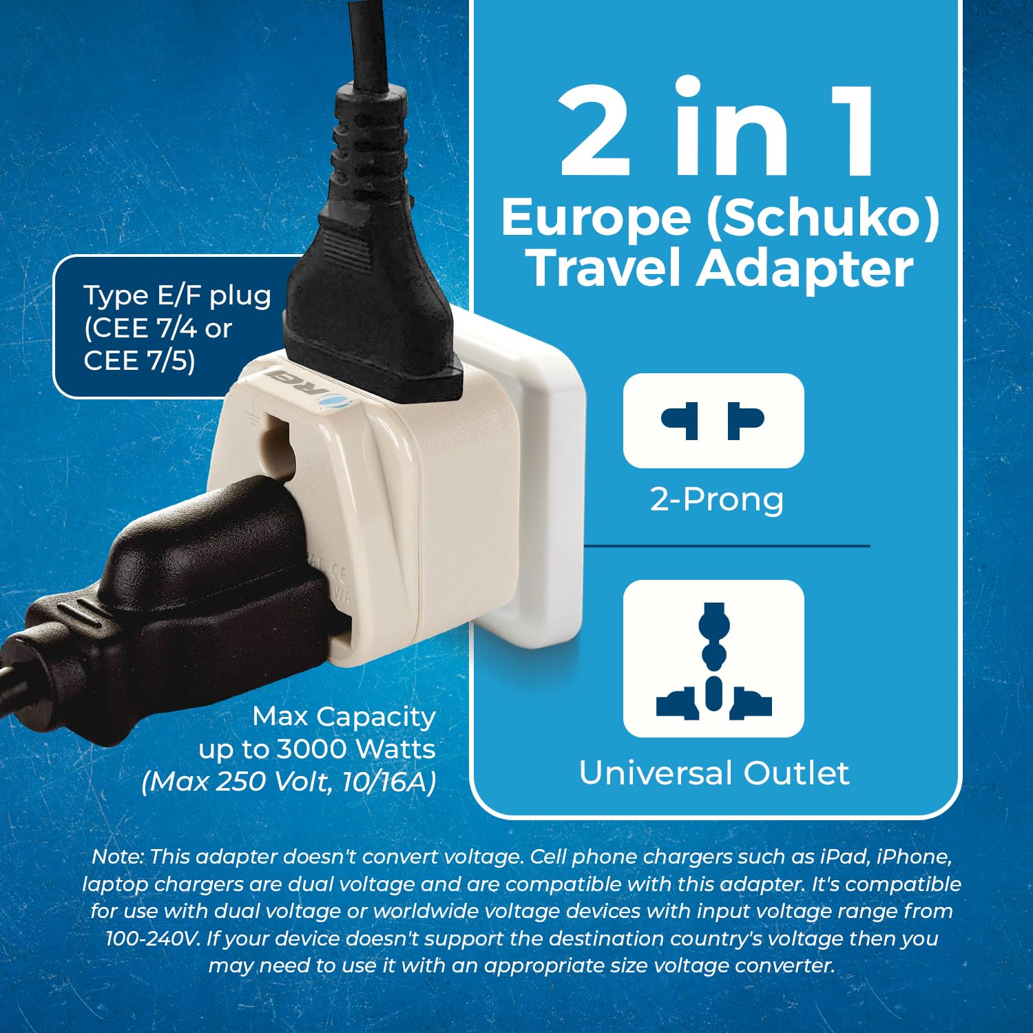 1735403043 Orei Europe Travel Adapter India to Europe Schuko Plug Type EF India to Europe Adapter 2 in 1 Perfect for Laptop Camera Charger and More CE RoHS Beige