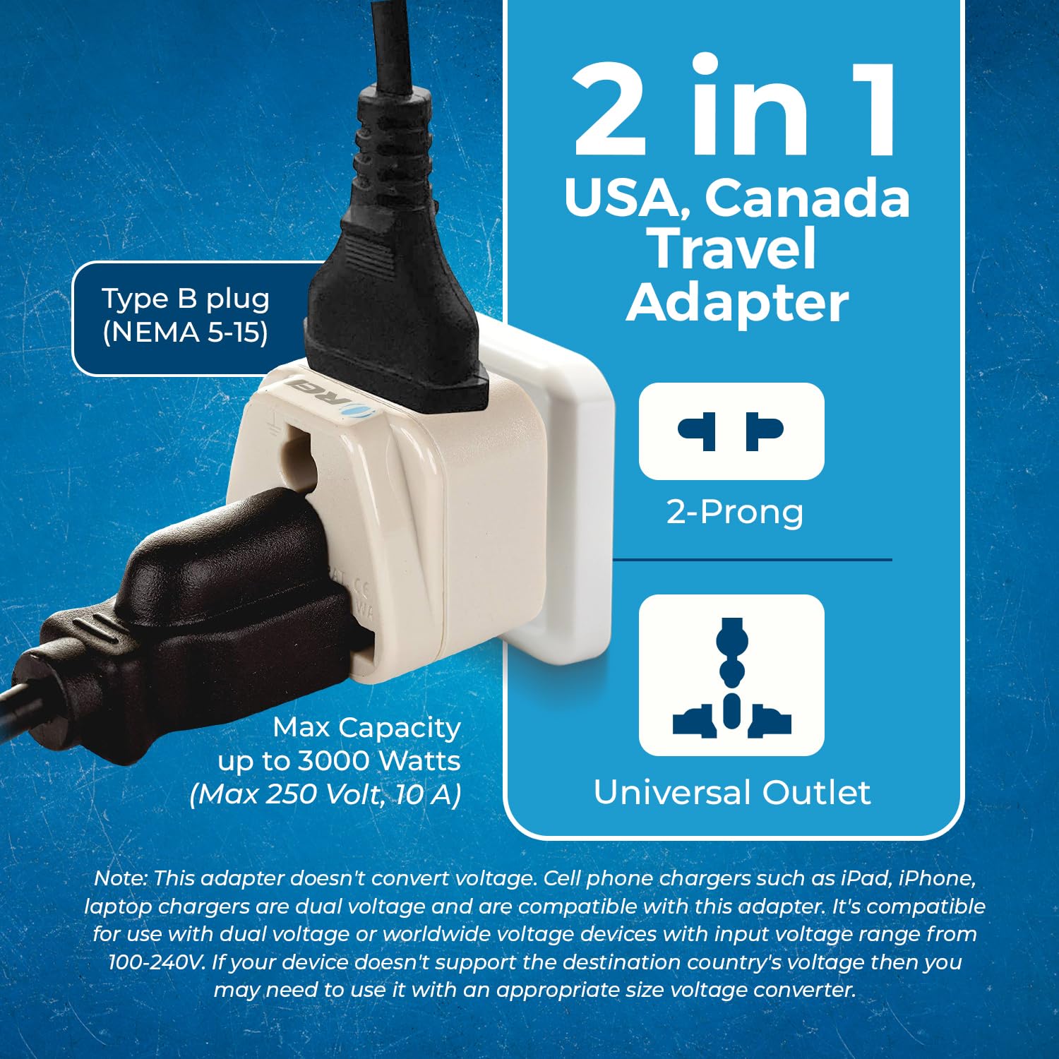1735414183 OREI India USA Adapter India to Universal Travel Adapter for USA Japan Canada Plug Adapter Type B Plug 2 in 1 Perfect for Laptop Camera Charger and More CE RoHS Beige