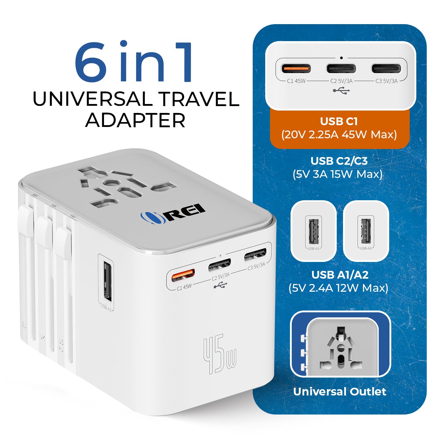 1735436207 OREI 45Watt Universal Charger Adapter 3X USBC 2XUSB A 6 in 1 International Travel AdapterUniversal Travel Adapter Compatible WType C A G I