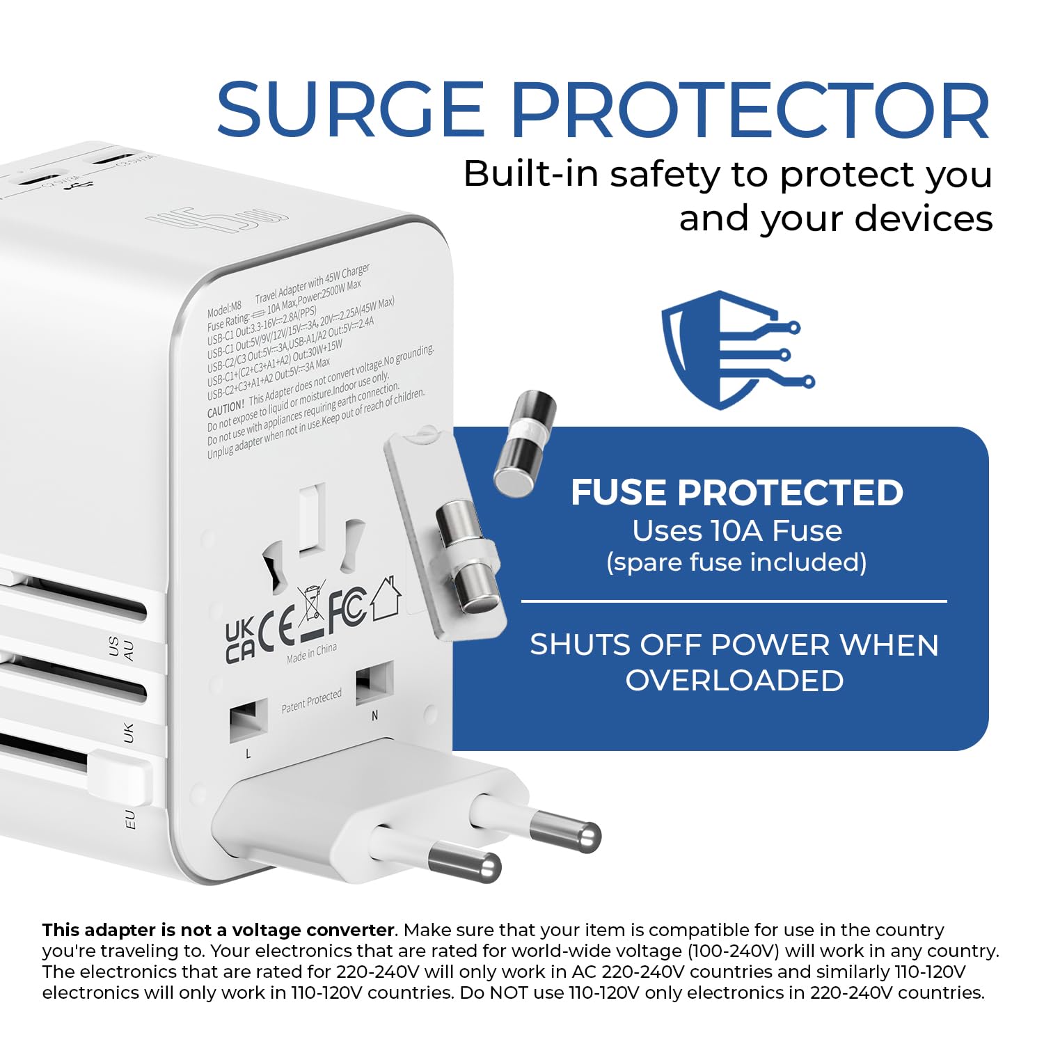 1735436210 OREI 45Watt Universal Charger Adapter 3X USBC 2XUSB A 6 in 1 International Travel AdapterUniversal Travel Adapter Compatible WType C A G I