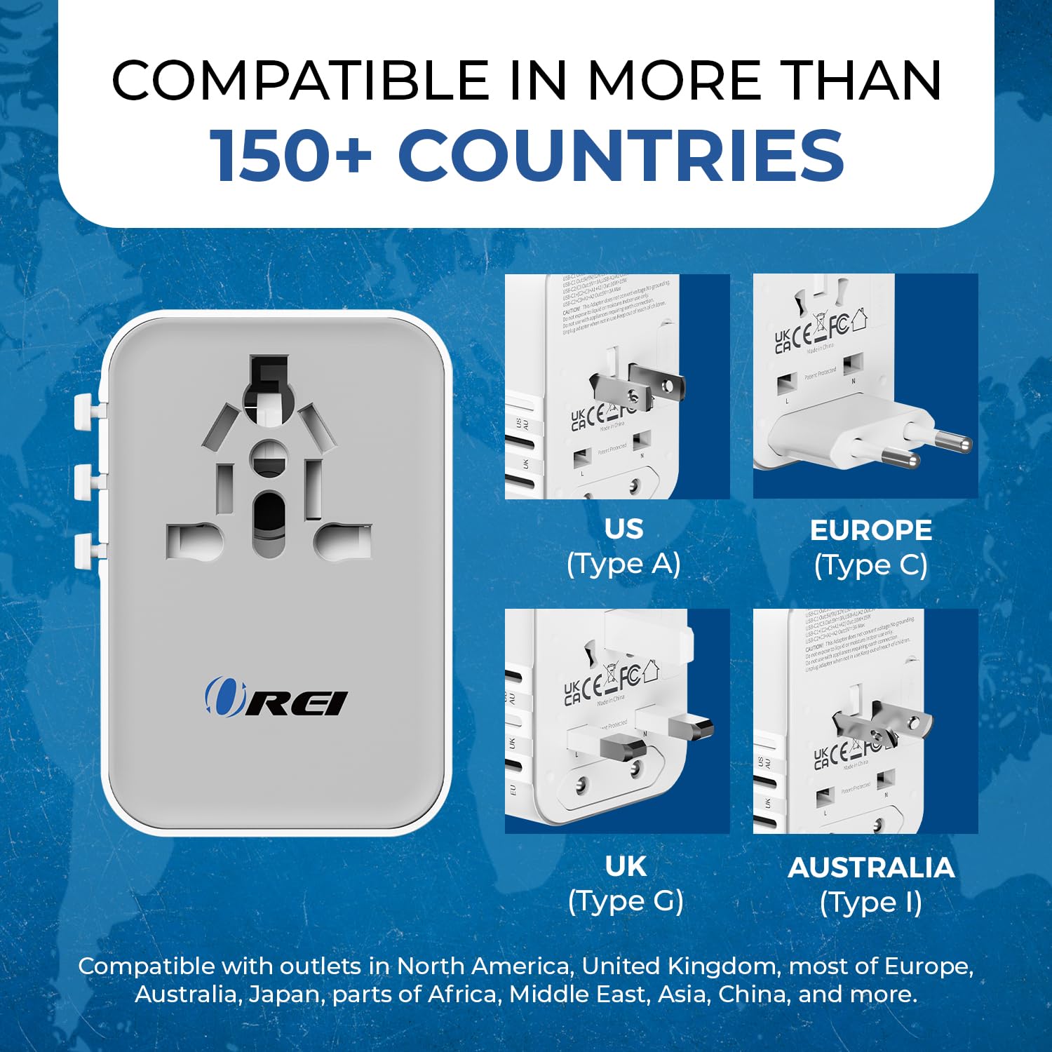 1735436212 OREI 45Watt Universal Charger Adapter 3X USBC 2XUSB A 6 in 1 International Travel AdapterUniversal Travel Adapter Compatible WType C A G I