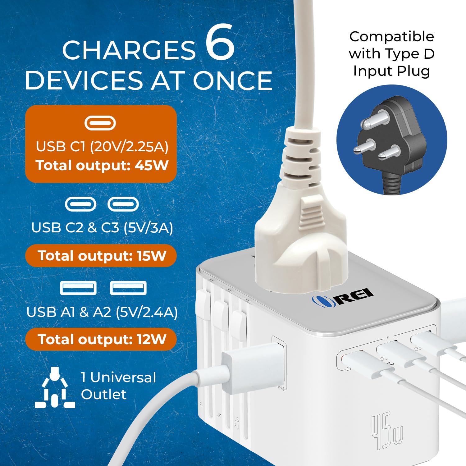 1735436214 OREI 45Watt Universal Charger Adapter 3X USBC 2XUSB A 6 in 1 International Travel AdapterUniversal Travel Adapter Compatible WType C A G I