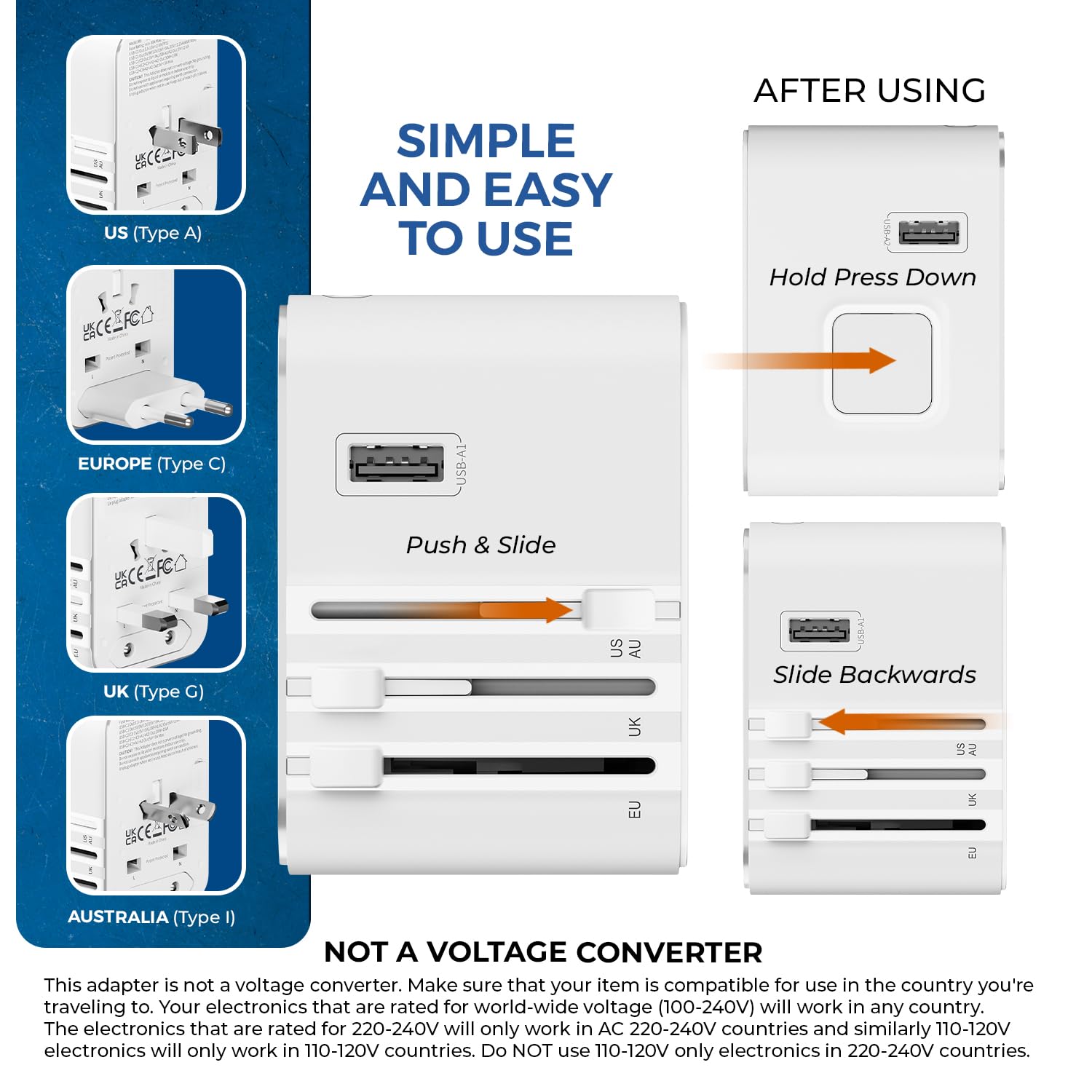 1735436216 OREI 45Watt Universal Charger Adapter 3X USBC 2XUSB A 6 in 1 International Travel AdapterUniversal Travel Adapter Compatible WType C A G I