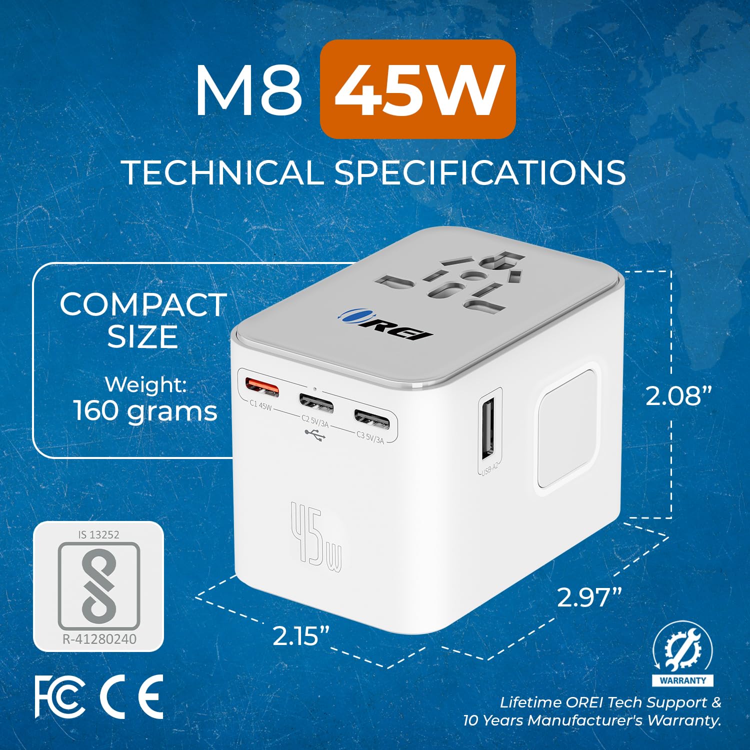 1735436218 OREI 45Watt Universal Charger Adapter 3X USBC 2XUSB A 6 in 1 International Travel AdapterUniversal Travel Adapter Compatible WType C A G I