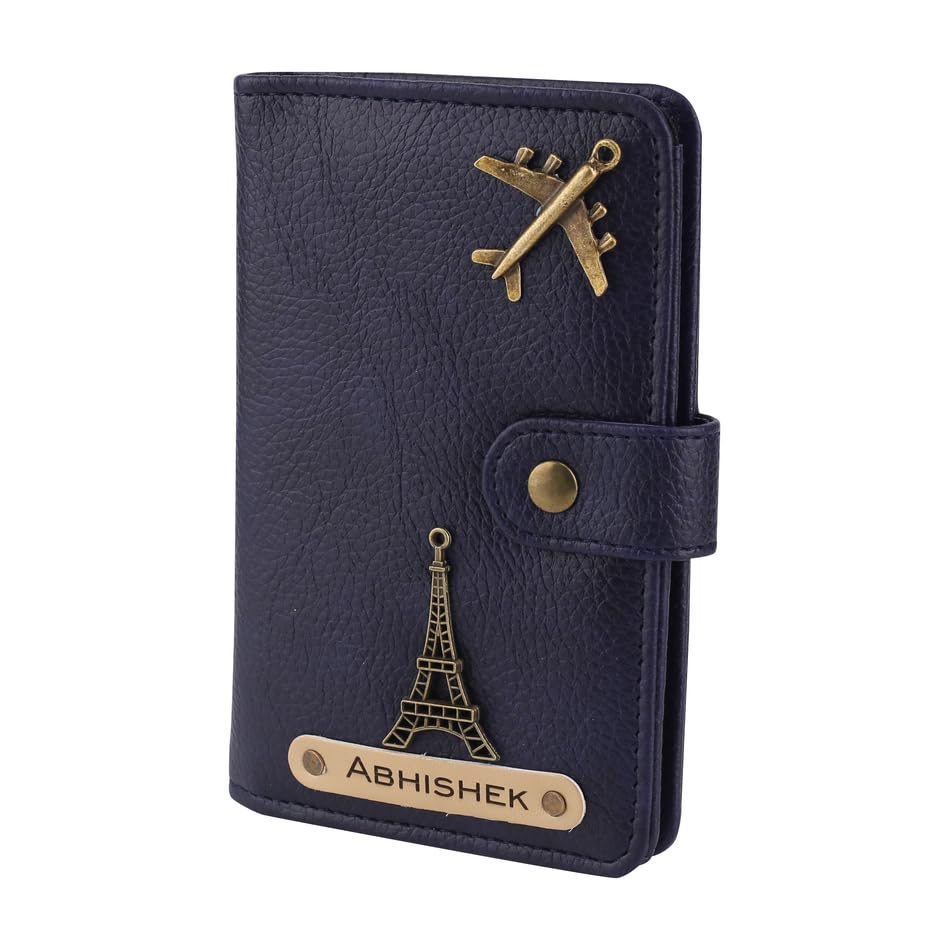 AICA Personalised Name & Charm Leather Passport Cover (NavyBlue) | AICA Personalised Name & Charm Leather Passport Cover (NavyBlue) | Customised Gifts for Men Women