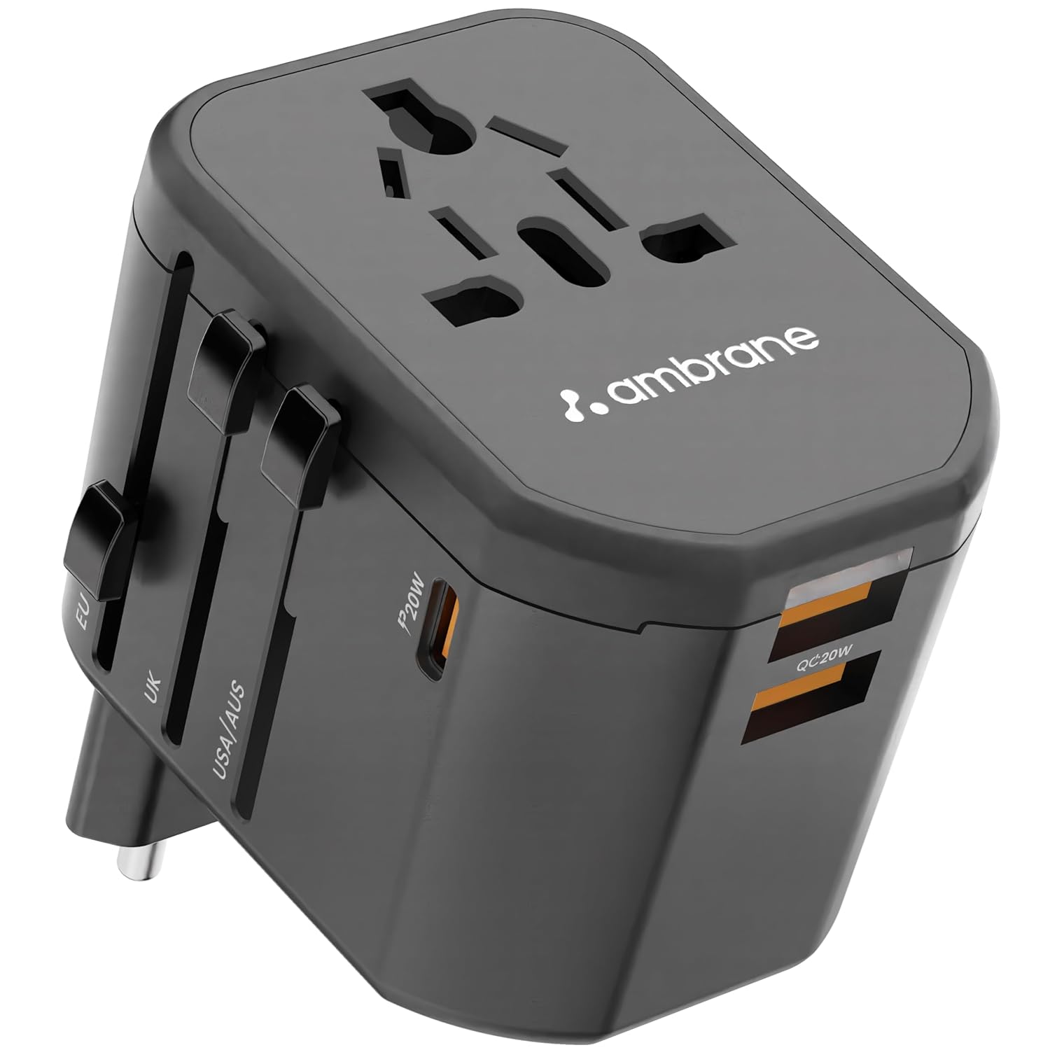 Ambrane Universal Travel Adapter, 4 in 1 Fast Charging; 1 Ambrane Universal Travel Adapter, 4 in 1 Fast Charging; 1 Type C (20W), 2 USB (20W) & 1 AC Socket (880W) with 3 Removable pins for EU, UK and USA/AUS and Other Countries for Modern Travel (ATA-01)