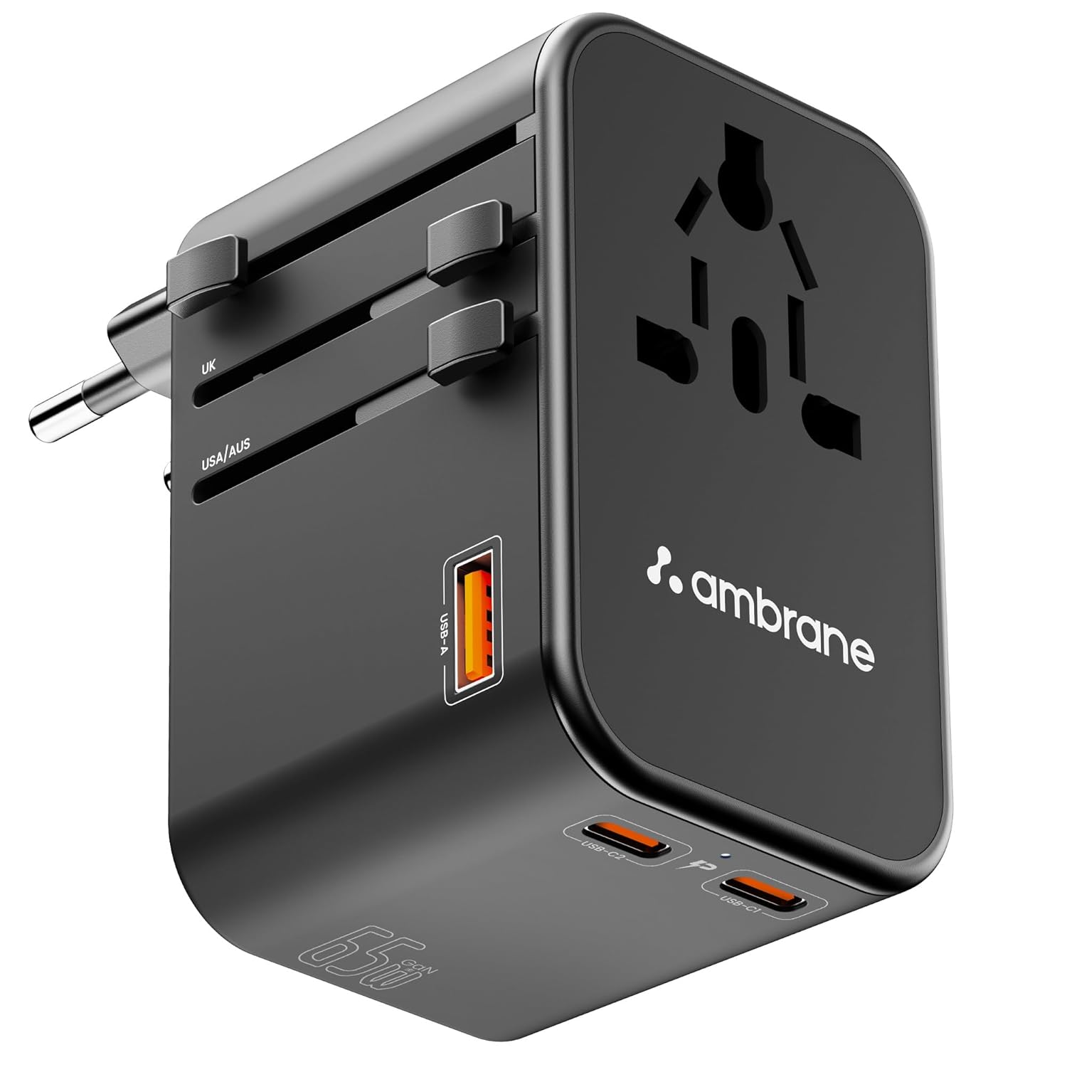 Ambrane Universal Travel Adapter Charger with 65W Laptop/MacBook Charging & Ambrane Universal Travel Adapter Charger with 65W Laptop/MacBook Charging & Mobile Charging, Works Worldwide (EU,UK,USA,AUS,Others) AC Sockets, USB & Type C, International Adapter (ATA-02, Black)
