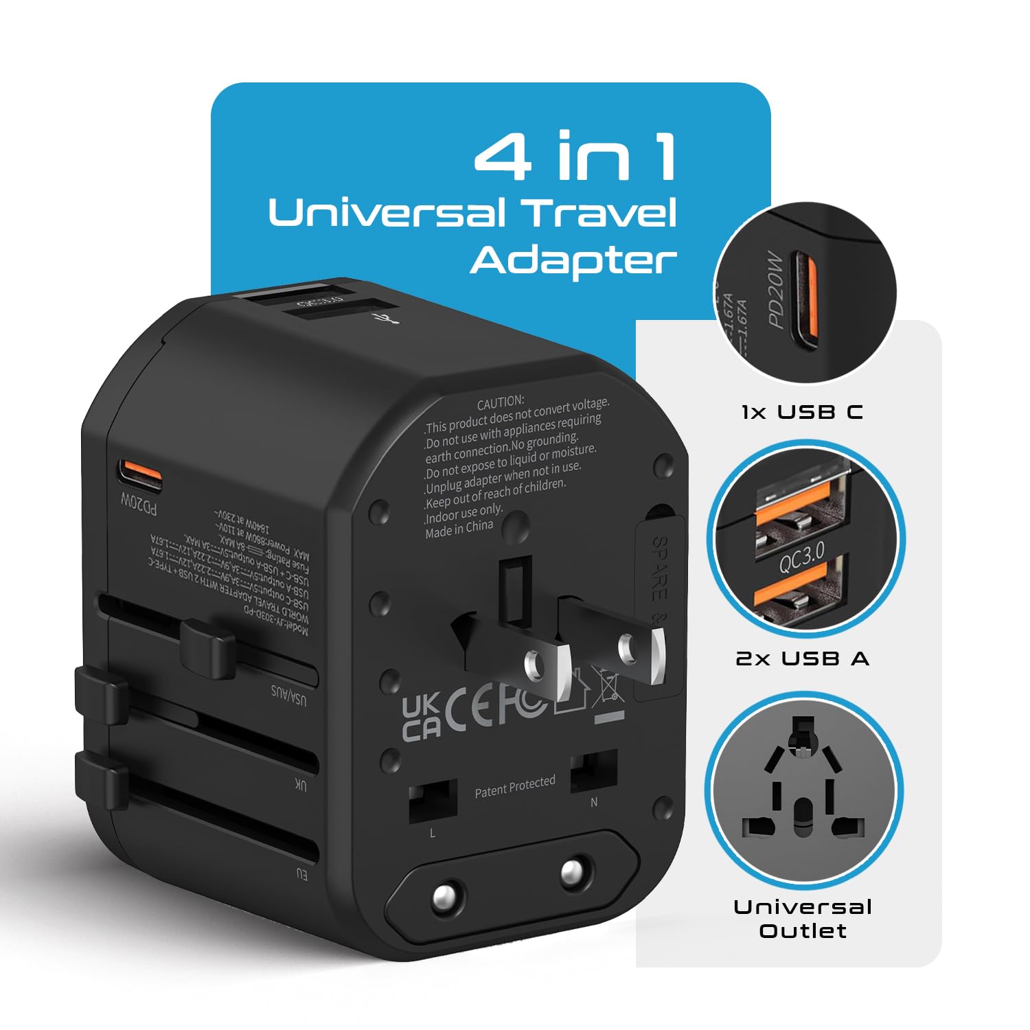 Ceptics 4 in 1 Universal Charger Adapter 2 USB QC 3.0 20W USB C Universal Travel Adapter All in One Fast Charging International Travel Adapter Lifetime Limited Warranty for EU UK USAAUS Black