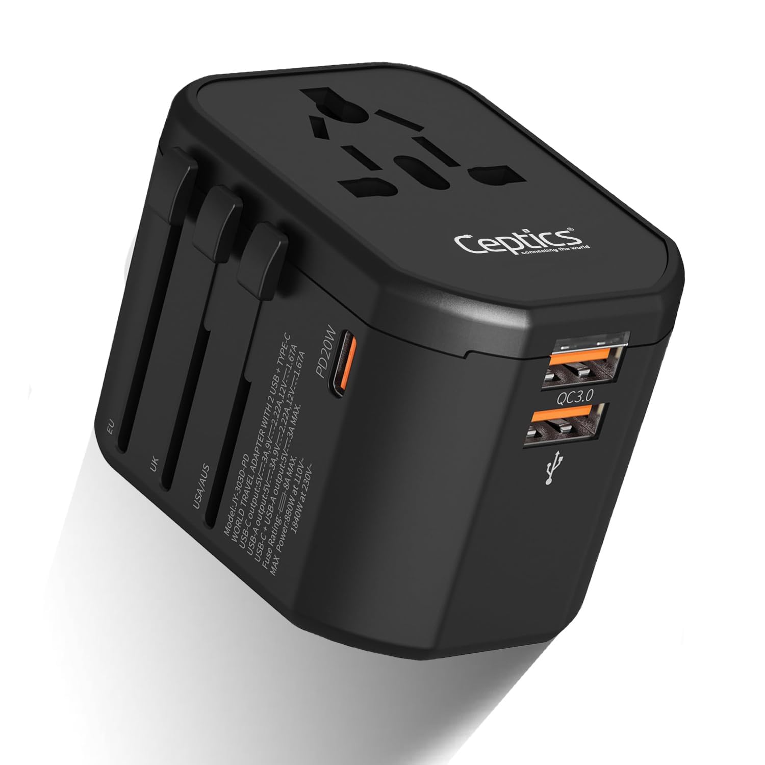Ceptics 4 in 1 Universal Charger Adapter, 2 USB QC 3.0, 20W USB-C Universal Travel Adapter All in One Fast Charging, International Travel Adapter Lifetime Limited Warranty, for EU, UK, USA/AUS, Black