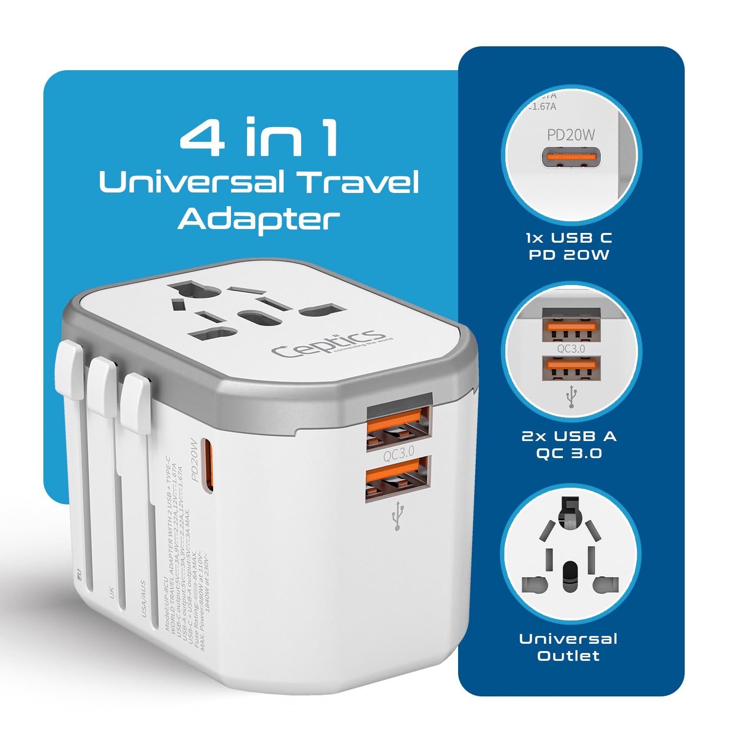 Ceptics 4 in 1 Universal Travel Adapter with Type C Universal Plug Socket USB QC 3.0 20W USB C International Travel Adapter with Lifetime Limited Warranty Worldwide Travel Adapter White