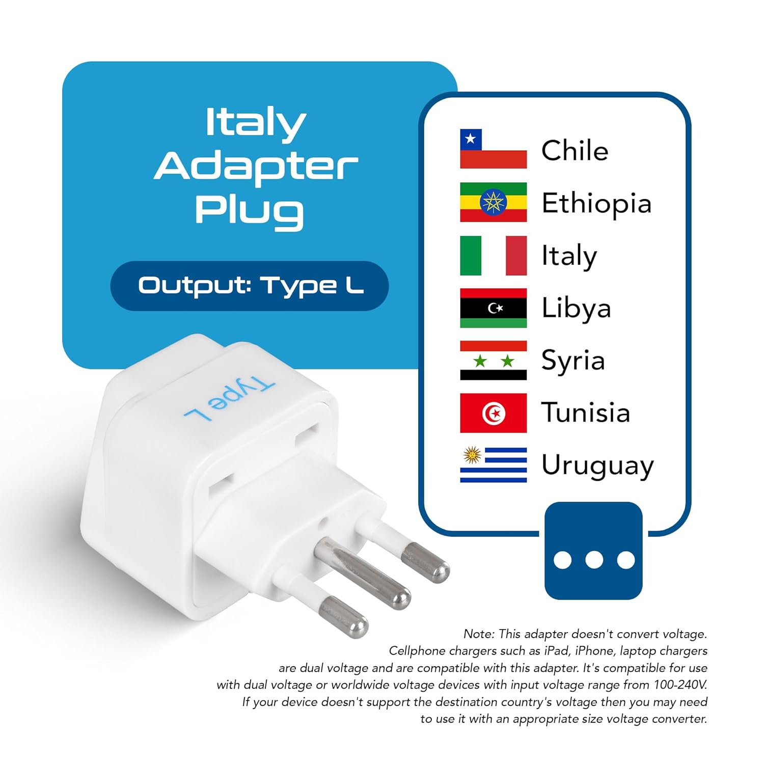 Ceptics India to Italy Libya Chile More Type L Travel Adapter Plug CE Certified RoHS Compliant 3 Pack GP 12A 3PK