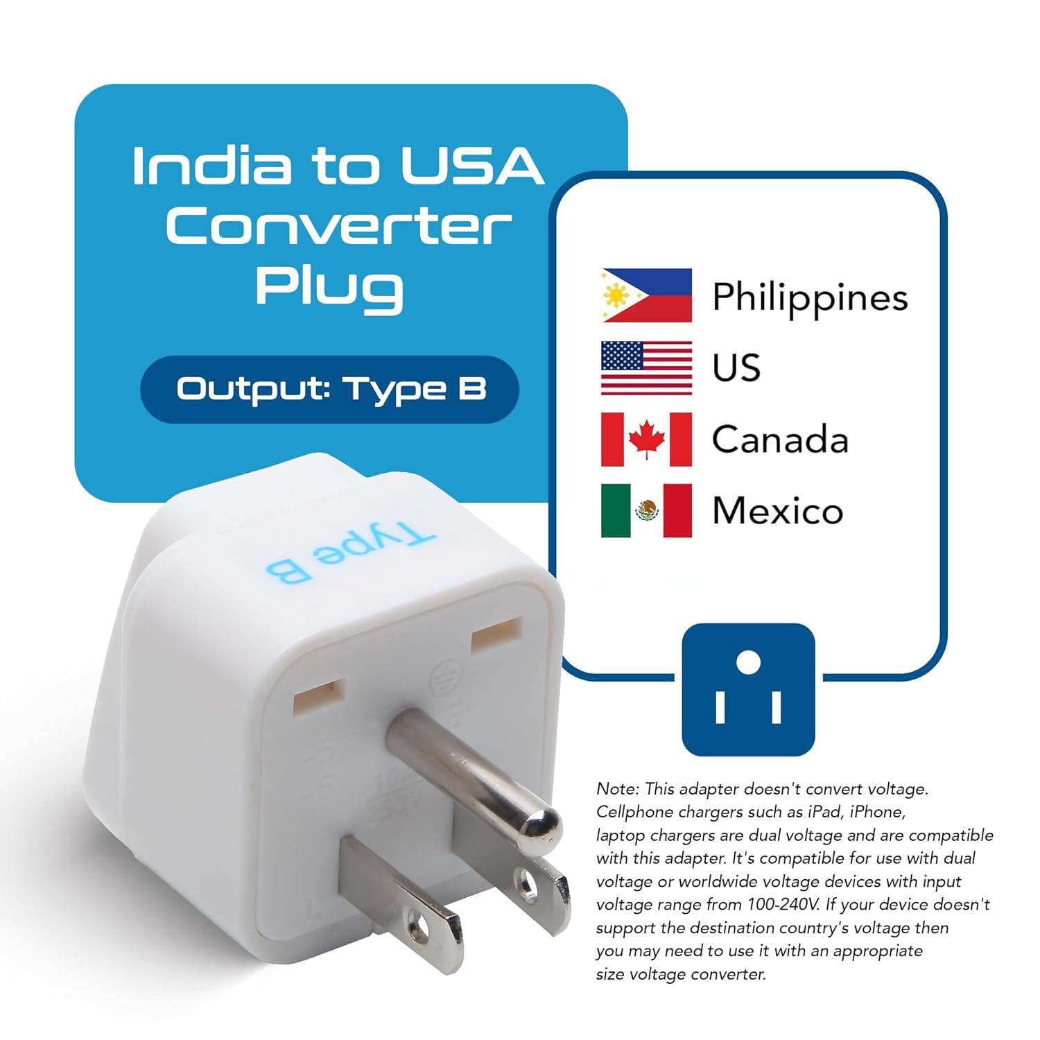 Ceptics India us Converter Plug India to USA Canada More Type B Universal Travel Adapter Plug CE Certified RoHS Compliant White 2 Pack 5 Years Warranty