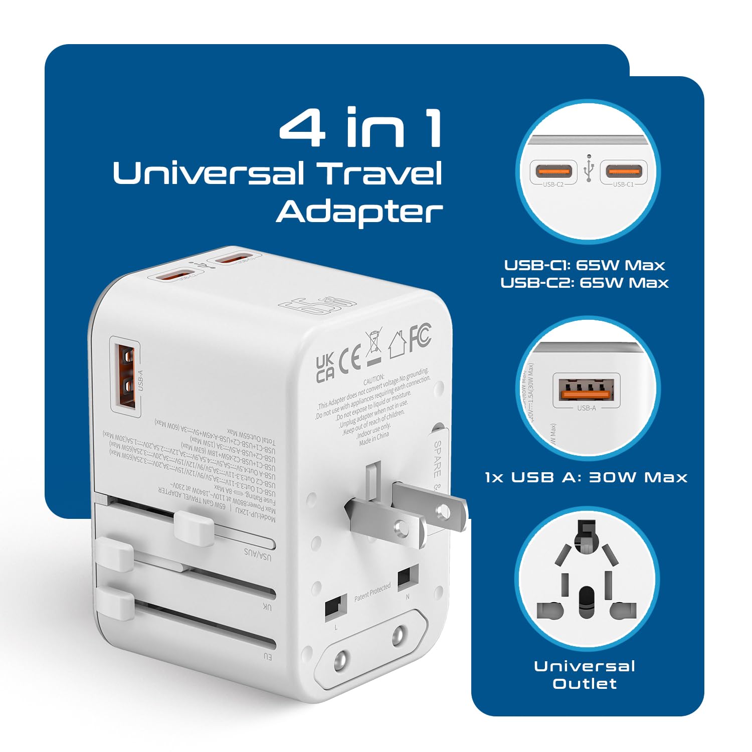 Ceptics Travel Adapter 4 in 1 65W Universal Travel Adapter with Type C India to International Travel Adapter Plug Socket 1 x USB 2 x USB C 3.1A Fast Charging 10 Years Warranty White