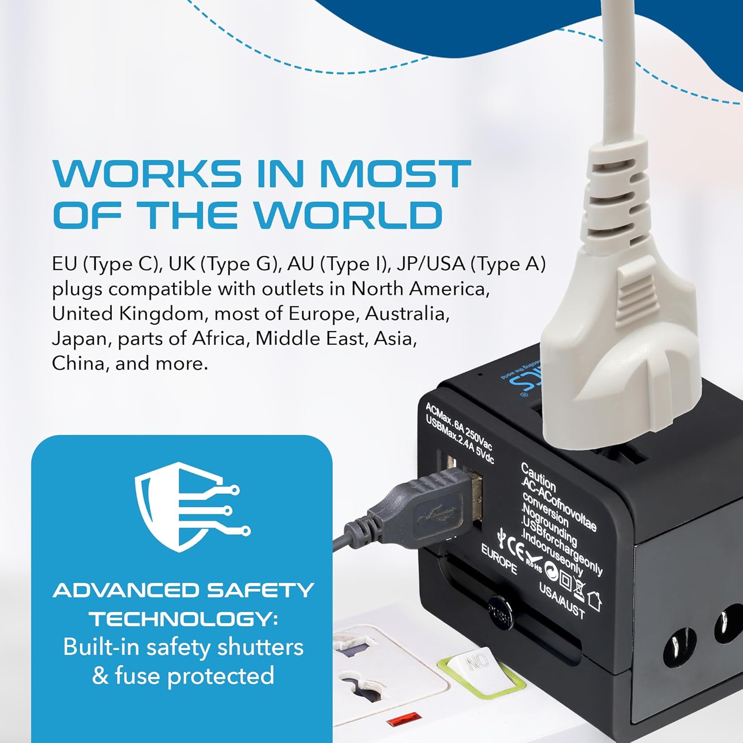 Ceptics Travel Adapter India to Universal Travel Adapter with 2 USB Ports 3 in 1 International Travel Adapter Universal Plug for Cell Phones Tablets Camera for Travelers to US Europe UK More