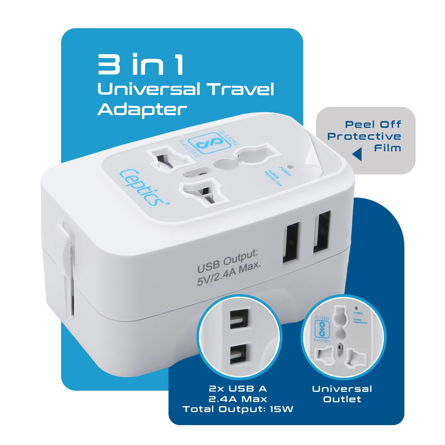 Ceptics Universal Charger Adapter 3 in 1 Universal Travel Adapter All in One Universal Travel Accessories 2 USB 2.4A 100 250 Voltage Travel Charger International Travel Adapter White