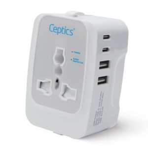 Ceptics Universal Charger Adapter, 5 in 1 Universal Travel Adapter with Type C, 17W Universal Travel Adapter All in One, Universal Travel Essentials with 2 USB A, 2 USB-C 3.4A Universal Adaptor, White