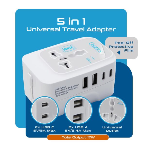 Ceptics Universal Charger Adapter 5 in 1 Universal Travel Adapter with Type C 17W Universal Travel Adapter All in One Universal Travel Essentials with 2 USB A 2 USB C 3.4A Universal Adaptor White
