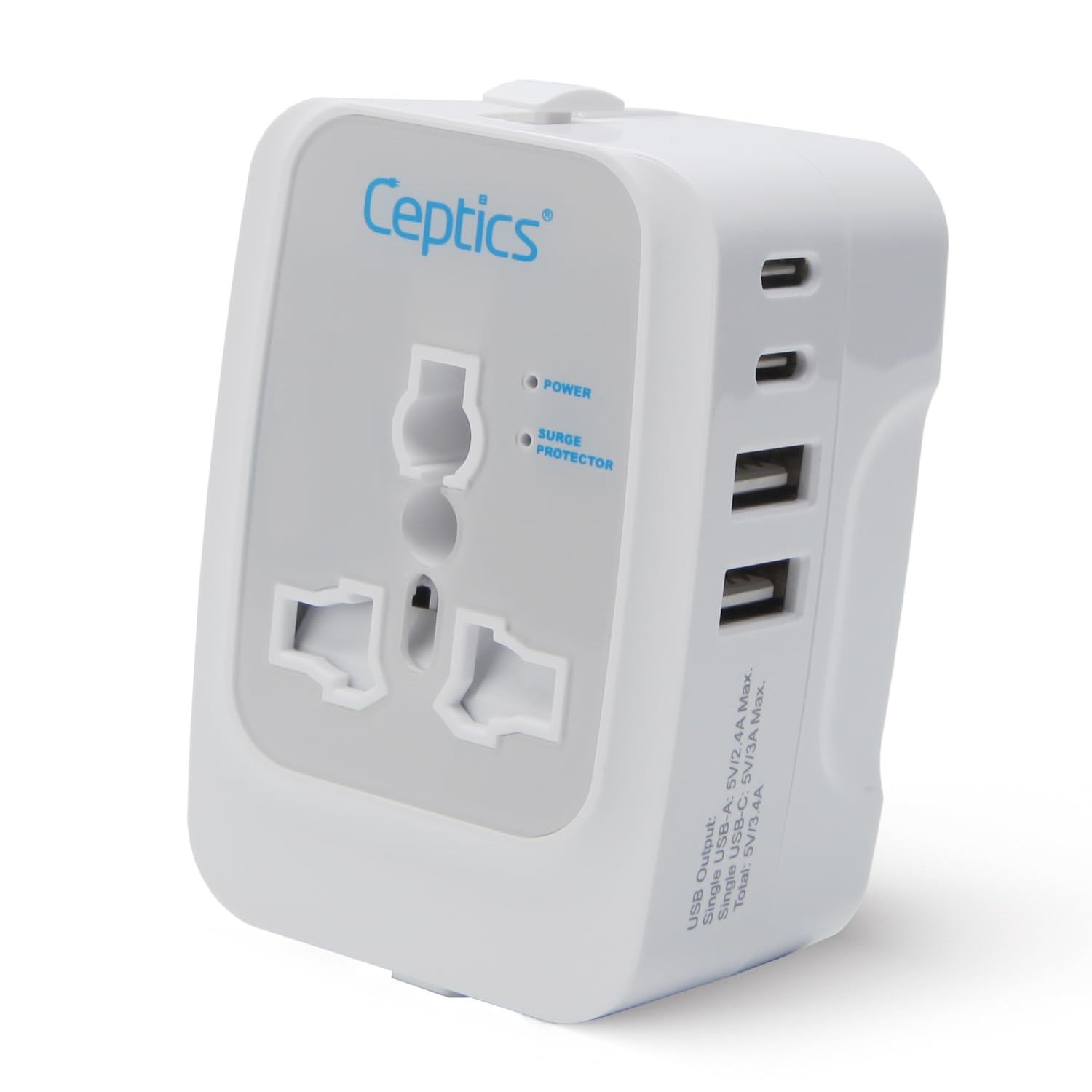 Ceptics Universal Charger Adapter, 5 in 1 Universal Travel Adapter with Type C, 17W Universal Travel Adapter All in One, Universal Travel Essentials with 2 USB A, 2 USB-C 3.4A Universal Adaptor, White