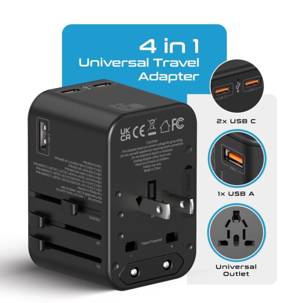 Ceptics Universal Charger Adapter with Type C 65W LaptopMacBook Mobile Charging 4 in 1 International Travel Adapter 1 USB 2 USB C W3.1A Max 10 Years Warranty Worldwide Travel Adapter Black