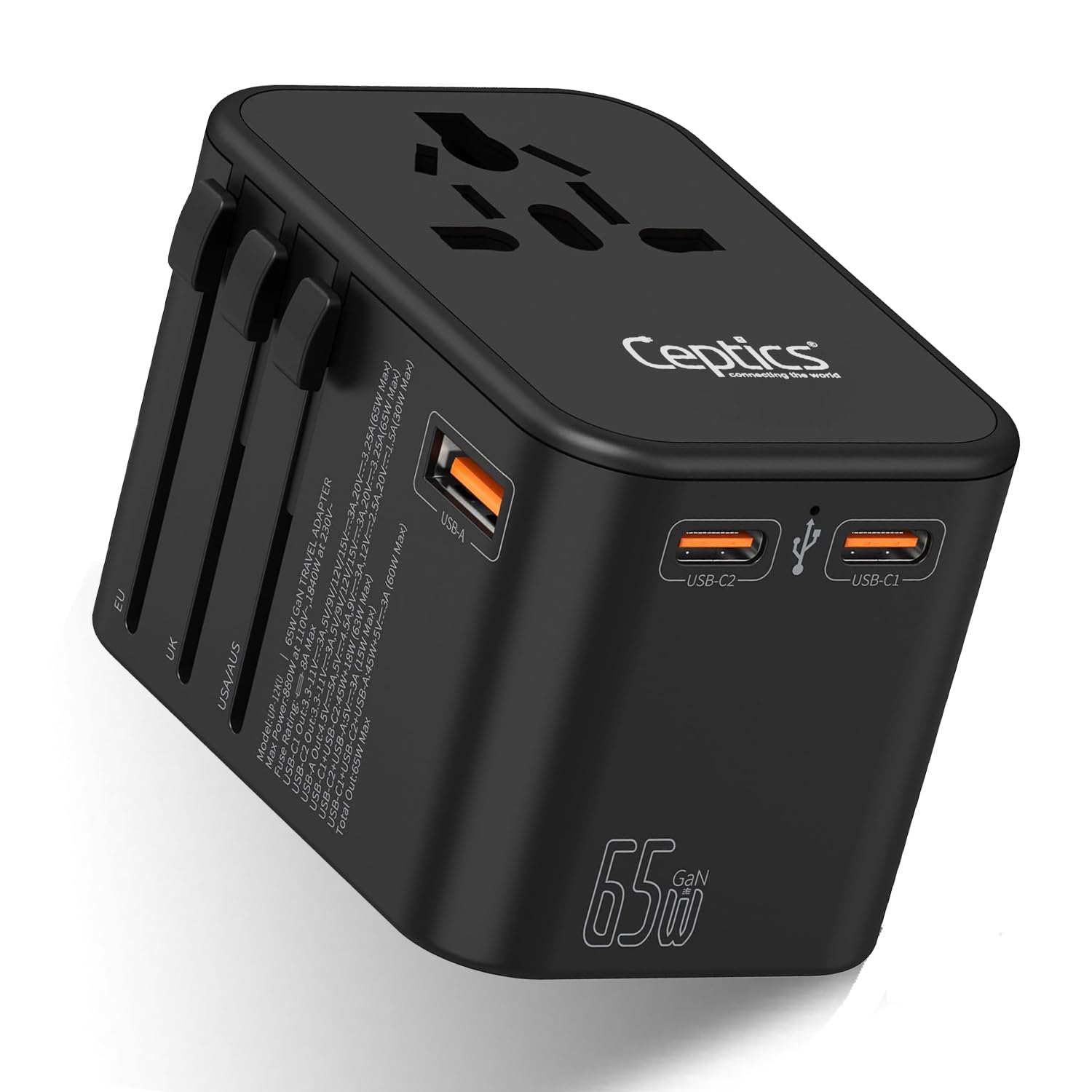 Ceptics Universal Charger Adapter with Type C 65W Laptop/MacBook Mobile Ceptics Universal Charger Adapter with Type C 65W Laptop/MacBook Mobile Charging, 4 in 1 International Travel Adapter, 1 USB 2 USB-C W/3.1A Max, 10 Years Warranty, Worldwide Travel Adapter, Black