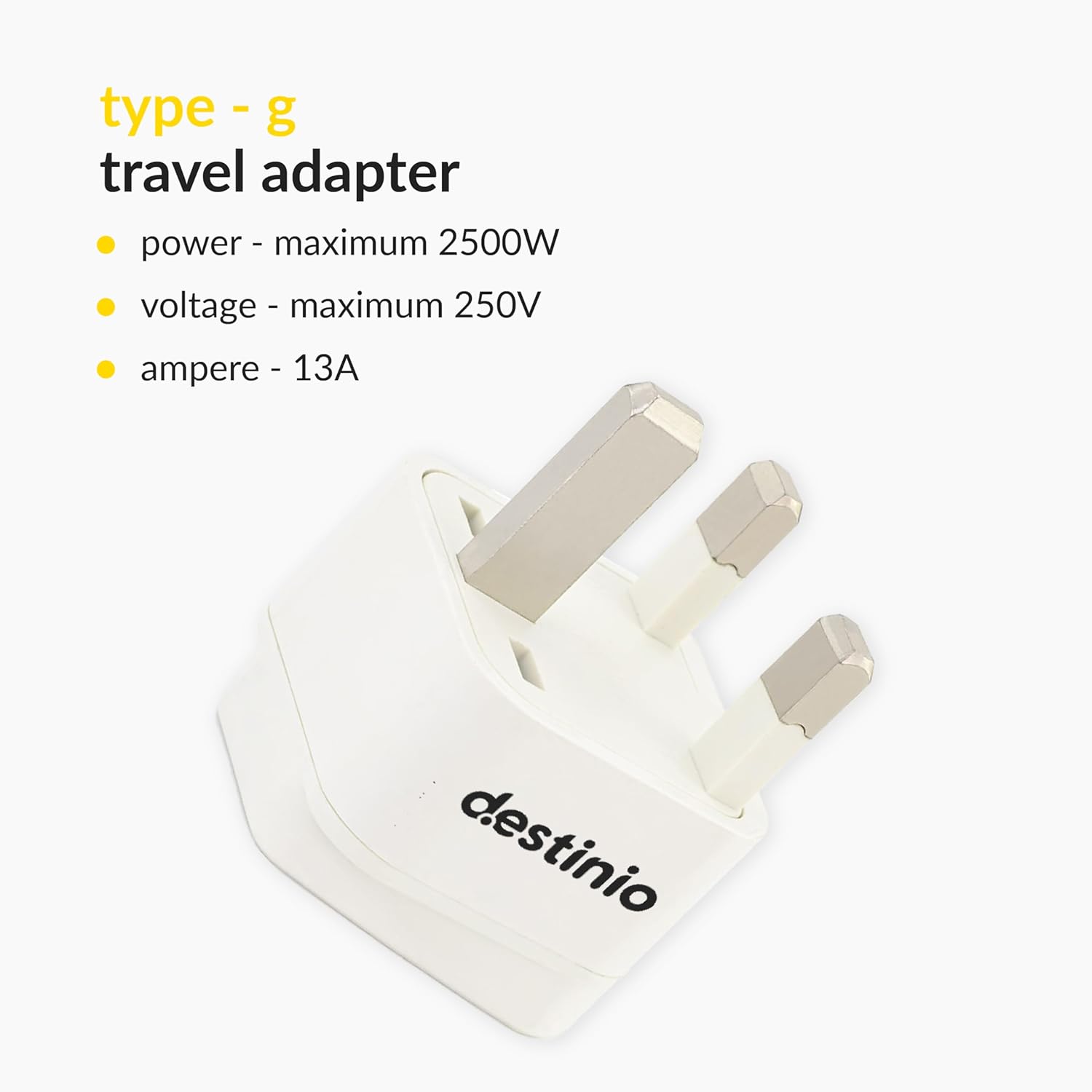 Destinio India to UK Plug Adapter Type G 10 Year Warranty 1 Socket UAE Dubai Hongkong UK Travel Adapter CE Certified RoHS Compliant White Pack of 2