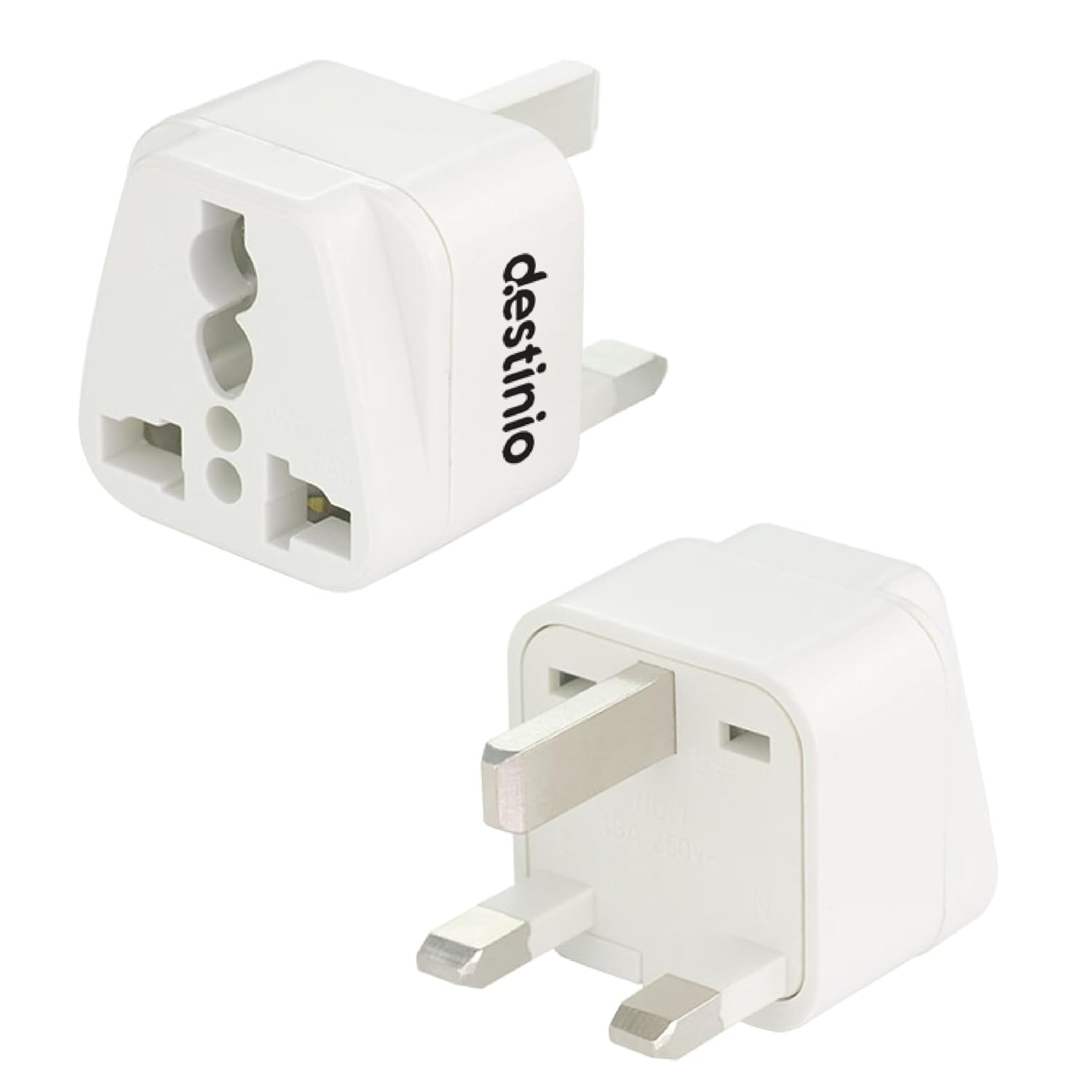 Destinio India to UK Plug Adapter - Type G, 10 Year Warranty, 1-Socket, UAE, Dubai, Hongkong, UK Travel Adapter, CE Certified & RoHS Compliant (White, Pack of 2)