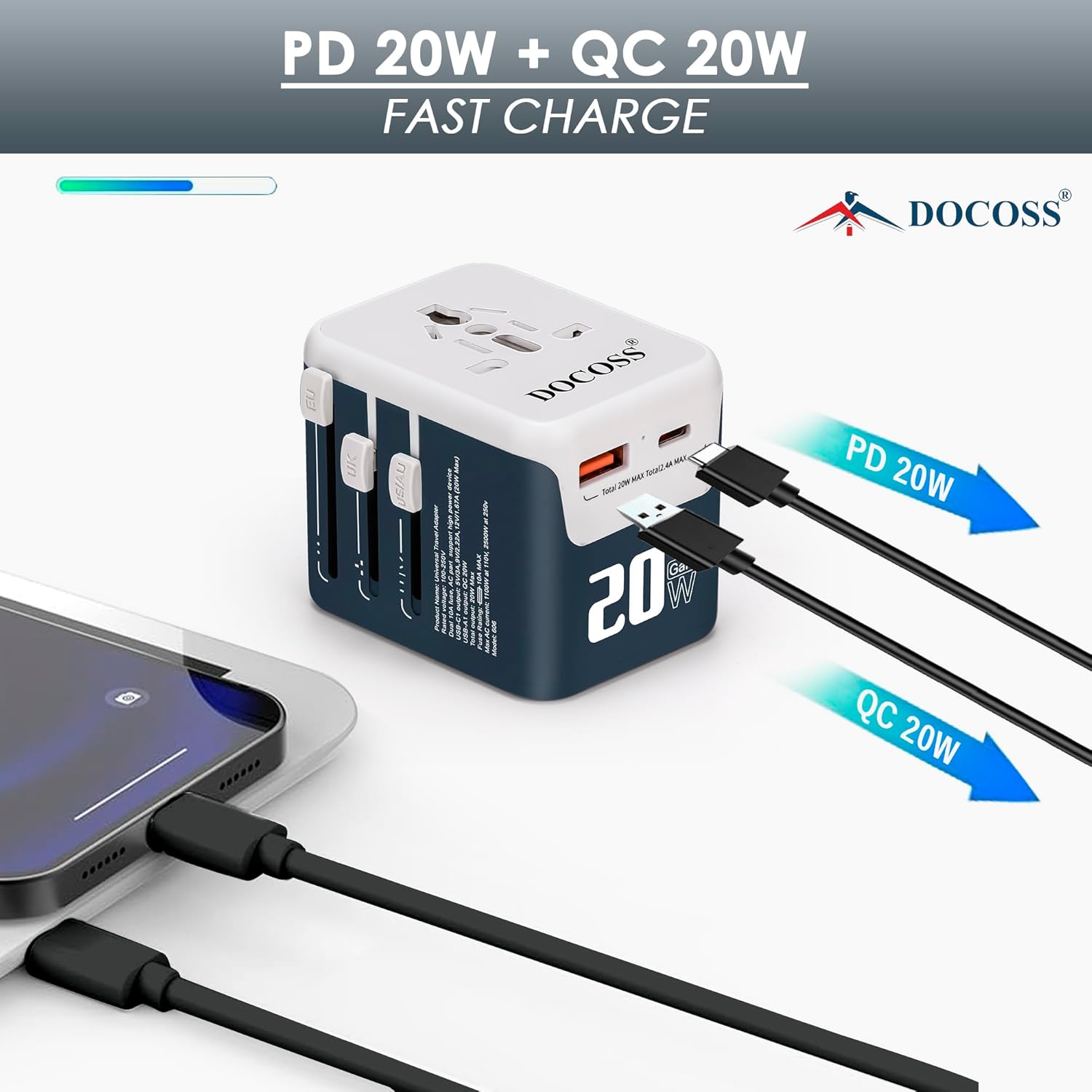 Docoss Fast Charging Universal Travel Adapter International All in One Adapter with Type CQC 3.0W3.1A Universal Adapter for UKUSEU Universal Plug Power AdapterBlue White
