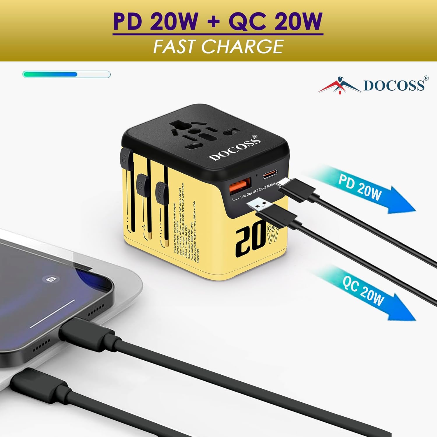 Docoss Fast Charging Universal Travel Adapter International All in One Adapter with Type CQC 3.0W3.1A Universal Adapter for UKUSEU Universal Plug Power AdapterYellow Black