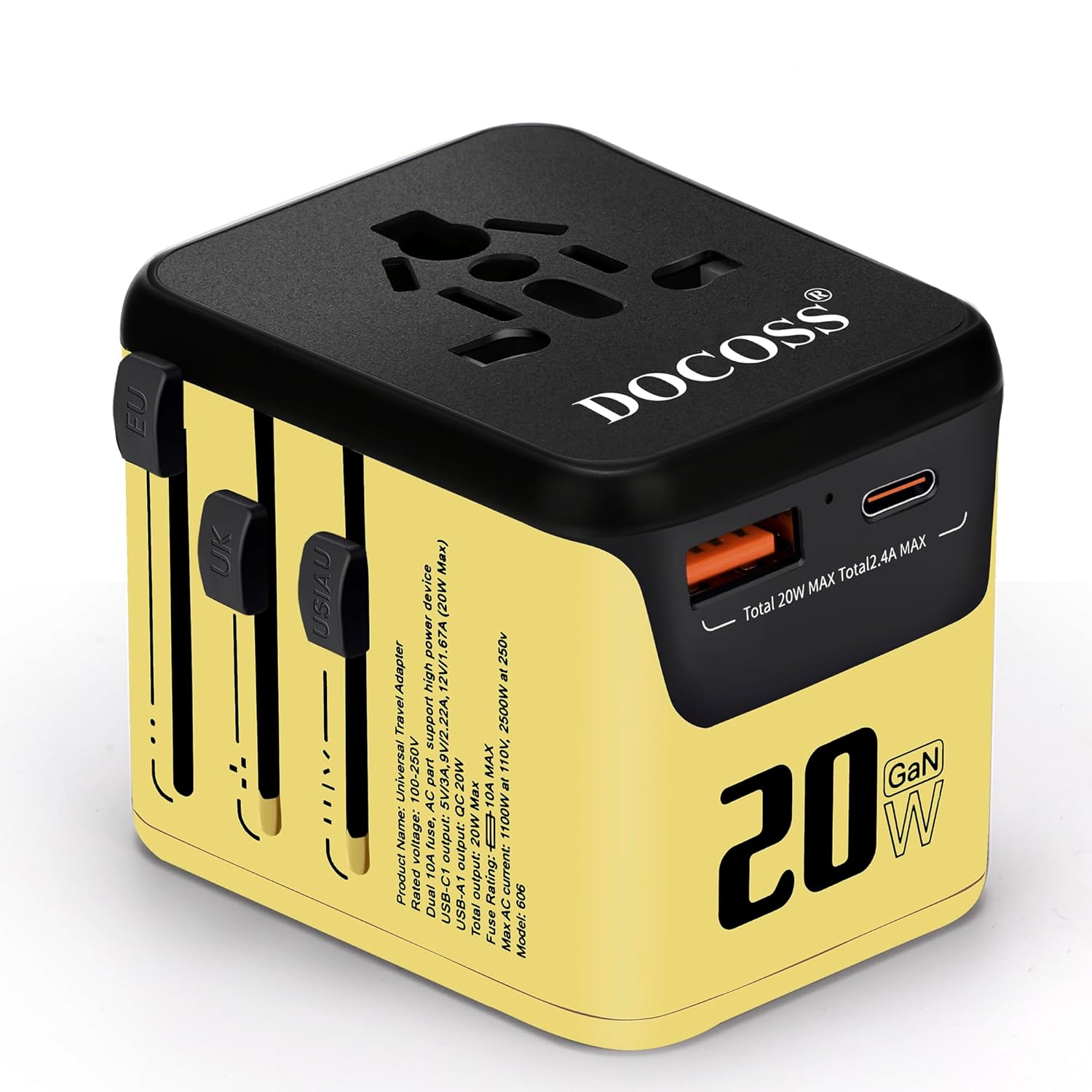 Docoss Fast Charging Universal Travel Adapter International All-in-One Adapter with Type C,QC 3.0,W/3.1A Universal Adapter for UK,US,EU-Universal Plug Power Adapter(Yellow-Black)