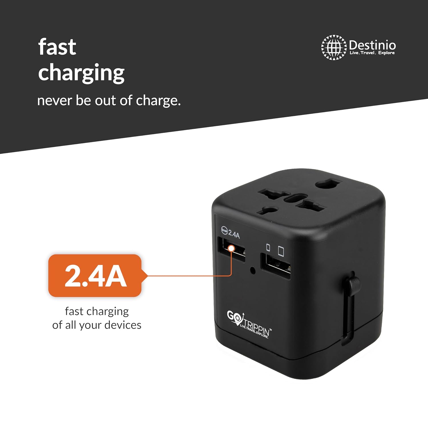 Gotrippin by Destinio Premium Travel Adapter International All in One 2.4A Dual USB Fast Charging Universal Charger Adapter Plug Adapter for UK Europe USA UAE Australia Canada Singapore