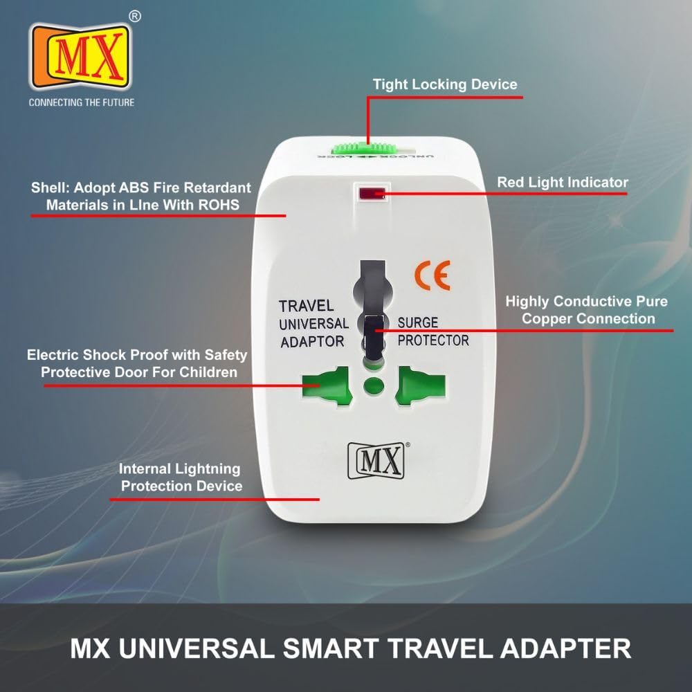 MX Universal Travel Adapter, Worldwide All Over 150 International Countries MX Universal Travel Adapter, Worldwide All Over 150 International Countries with LED & Child Safety Shutter-Universal Socket Compatible in UK, Europe, USA, Australia, China, Japan & Thailand