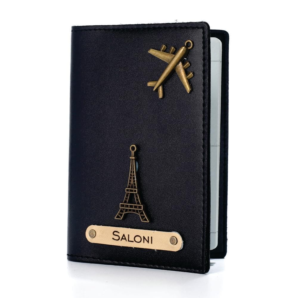 NAVYA ROYAL ART Personalised Name & Charm Leather Passport Cover Holder for Men & Women Black Customised Passport Holder for Gift