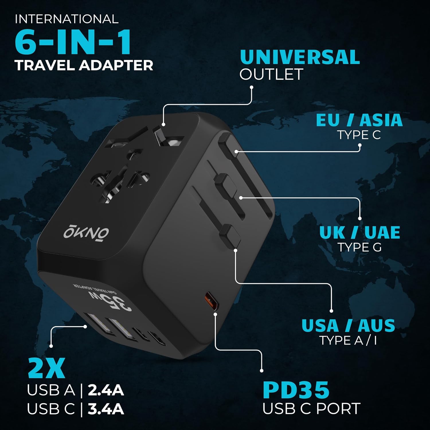 OKNO 6 in 1 Universal International Travel Adapter 1 PD 35W Type C Super Fast Charging 2 USB Port 3 Type C Fast Multi Plug Converter for USA UK Europe More Black Travel Essentials