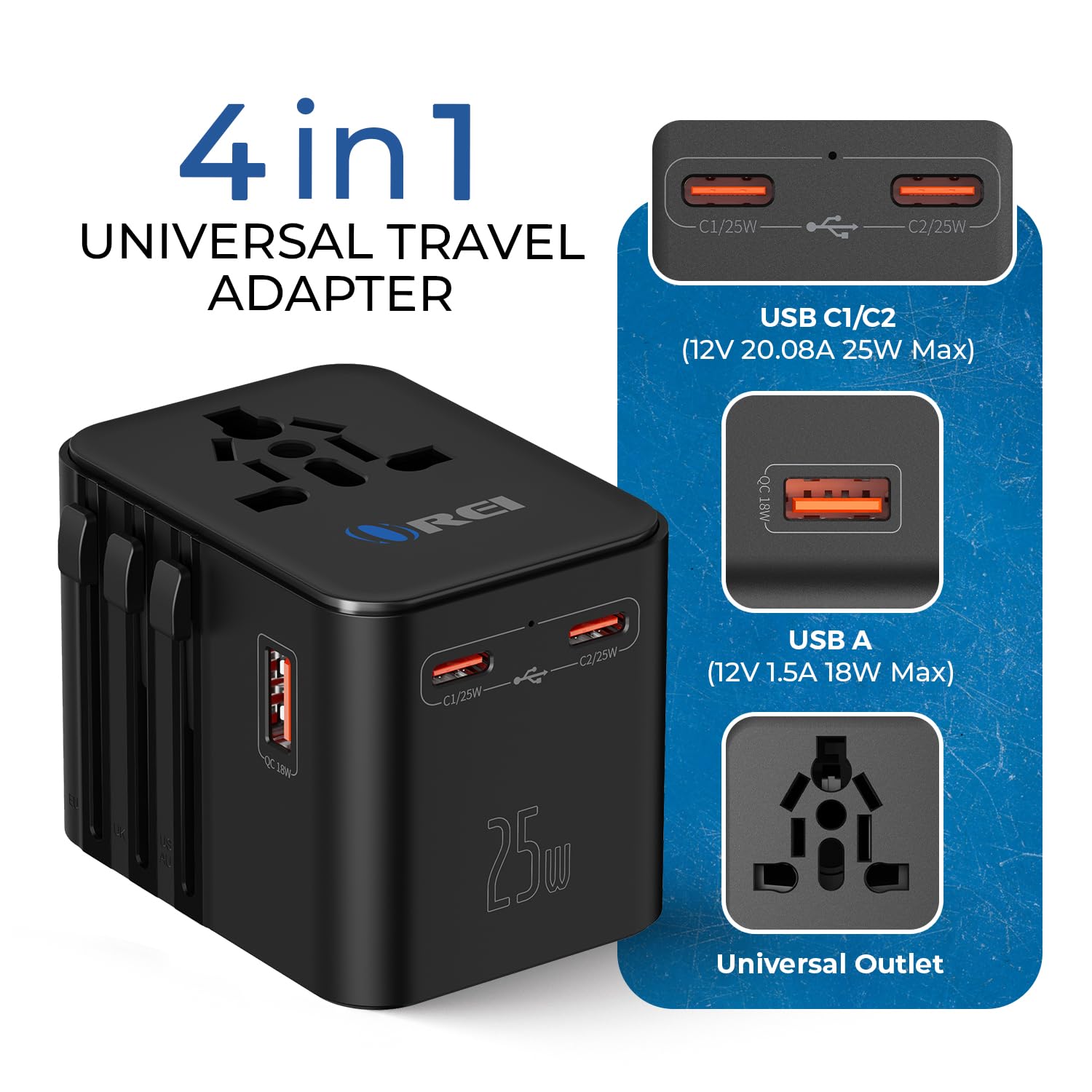 OREI 25Watt Universal Charger Adapter 2X USBC 1XUSB A 4 in 1 International Travel Adapter 10 Years Warranty Universal Travel Adapter Compatible 150 Countries Type C A G I Compatible