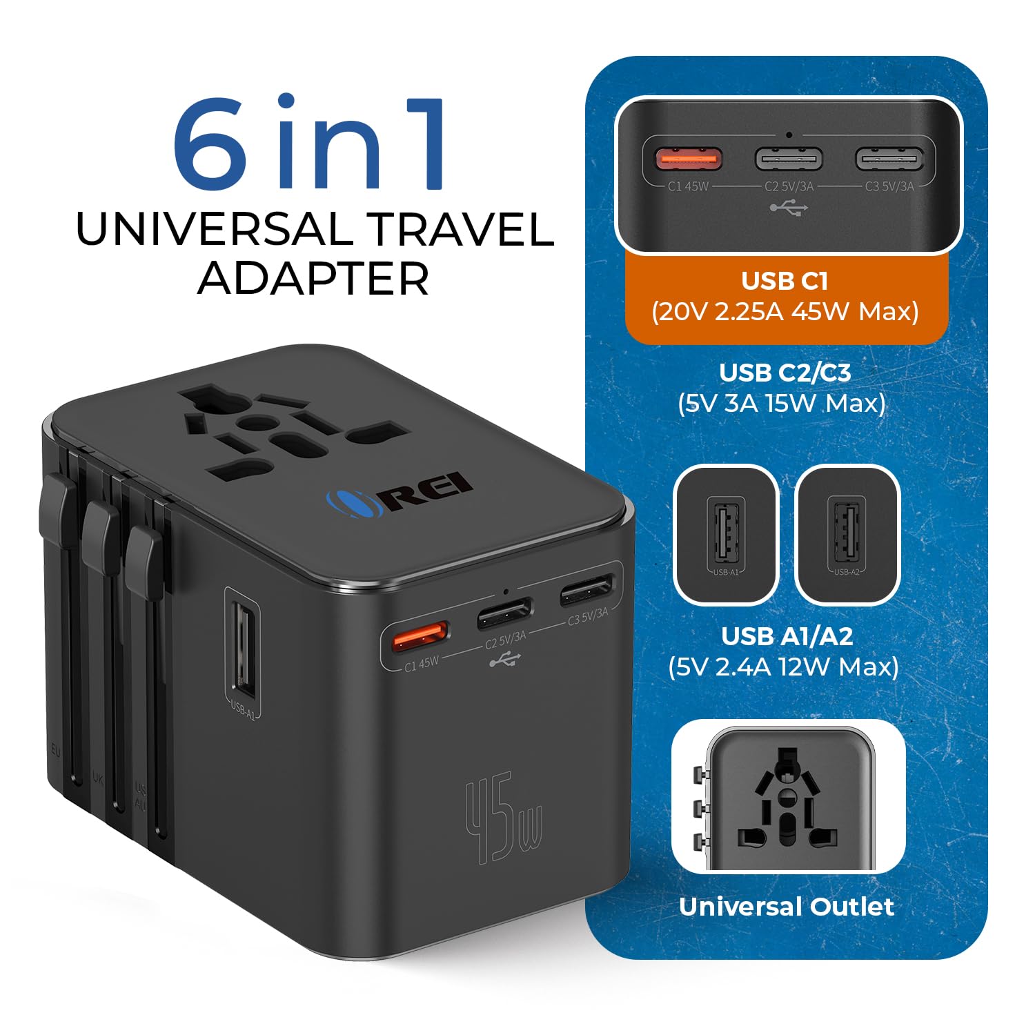 OREI 45Watt Universal Charger Adapter 3X USBC 2XUSB A 6 in 1 International Travel Adapter 10 Years Warranty Universal Travel Adapter Compatible 150 Countries Type C A G I Compatible