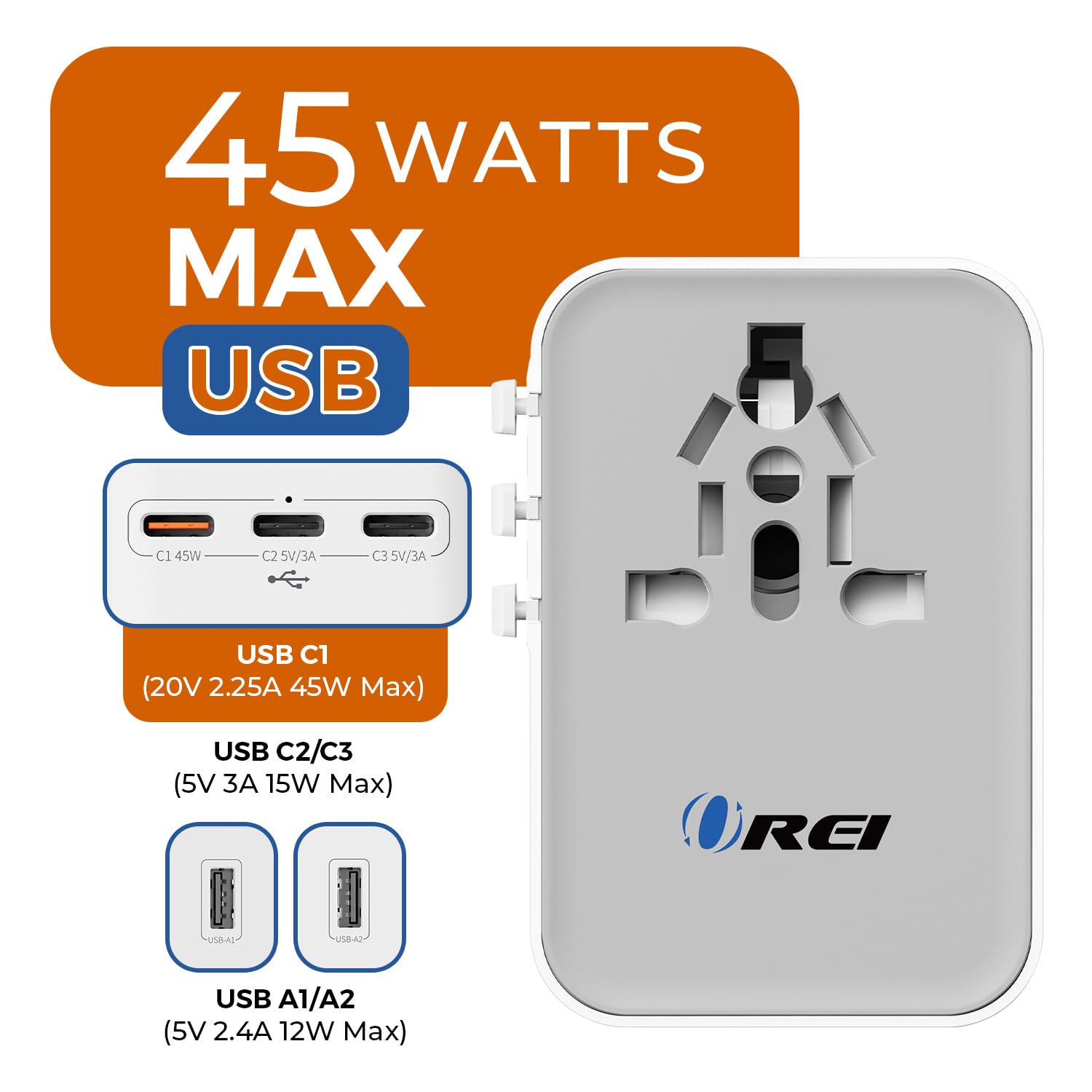 OREI 45Watt Universal Charger Adapter 3X USBC 2XUSB A 6 in 1 International Travel AdapterUniversal Travel Adapter Compatible WType C A G I