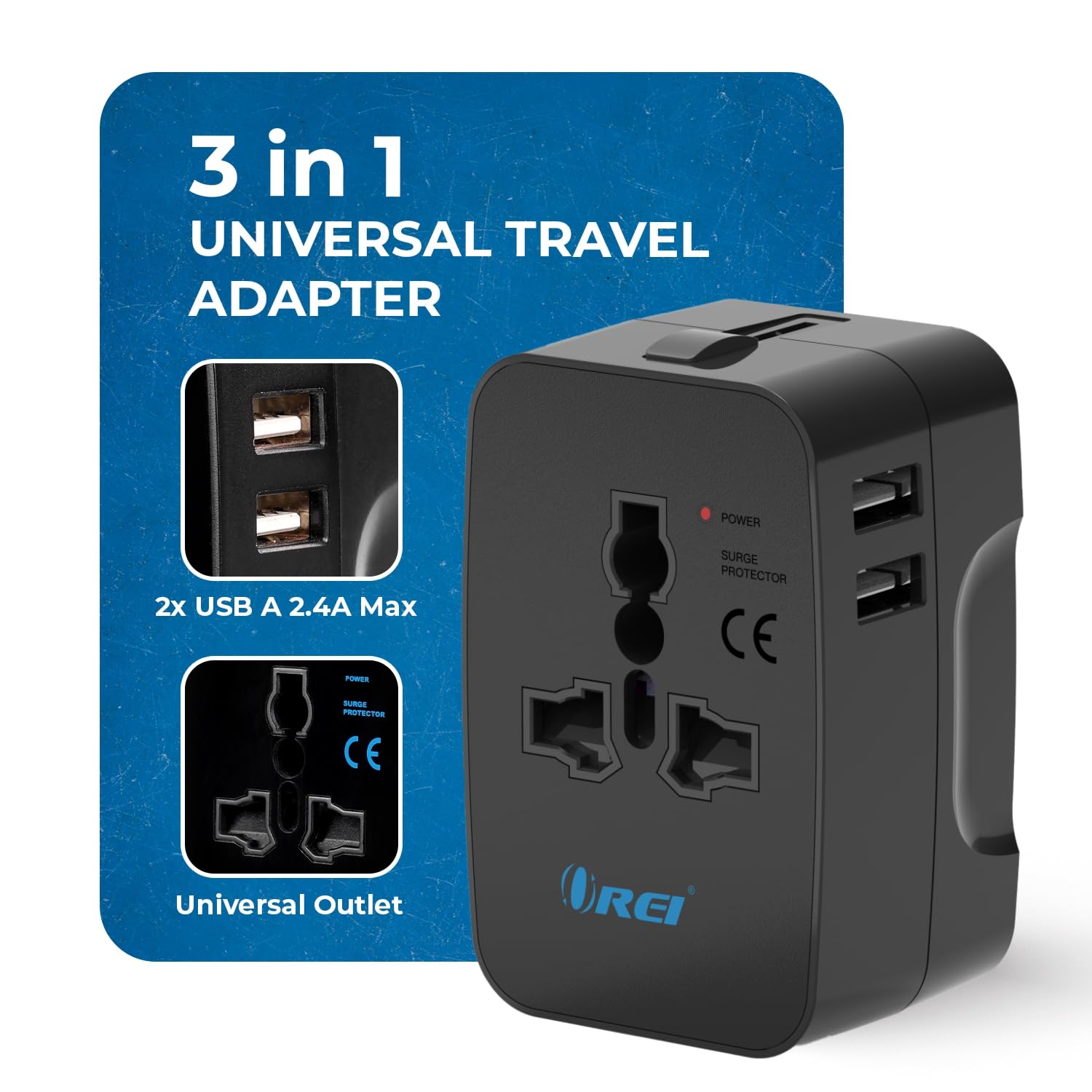 Orei Universal Travel Adapter 3 in 1 Worldwide Travel Adapter with Dual USB Universal Socket with 2X USB A 2.4A Travel Adapter for US Europe More 10 Year Warranty