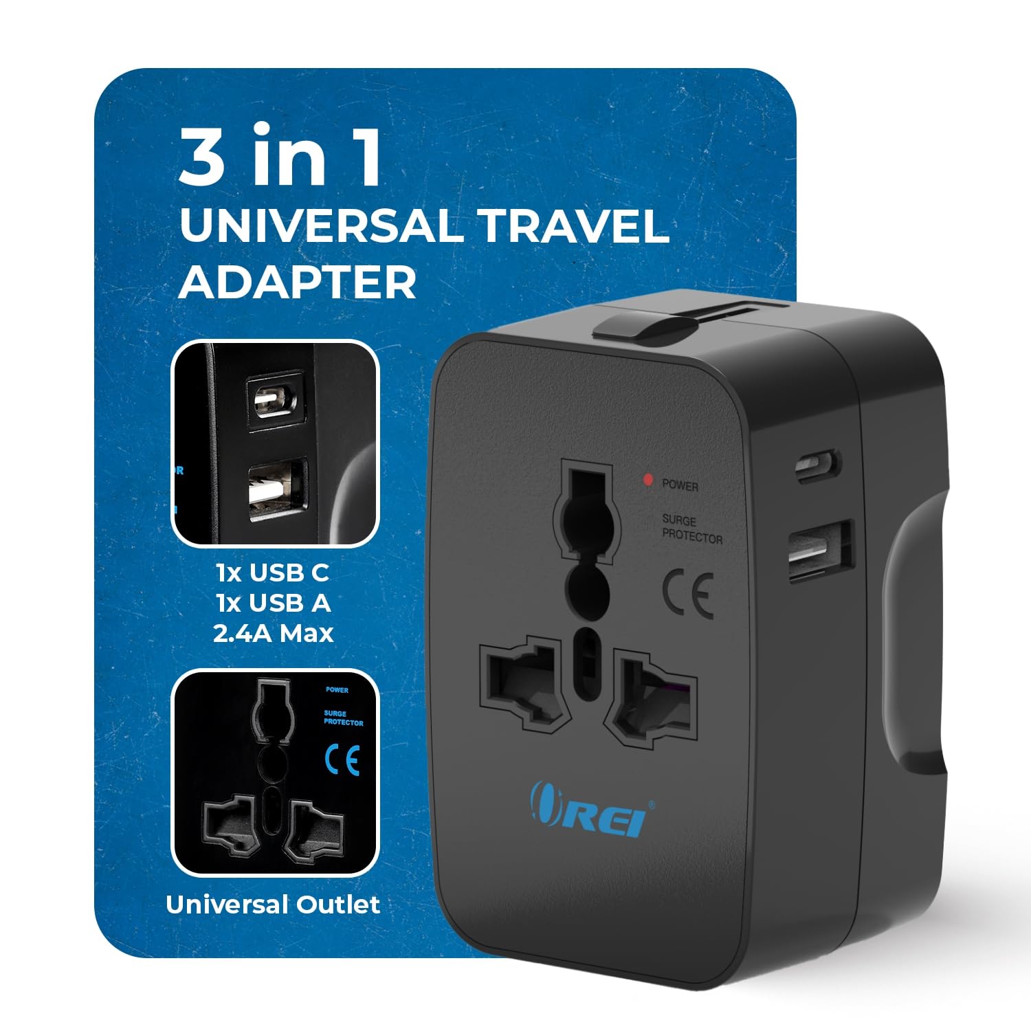 Orei Universal Travel Adapter with Type C 3 in 1 International Travel Adapter Universal Charger with 1 USB A 1 USB C 2.4A Each and Universal Output Socket 10 Year Warranty