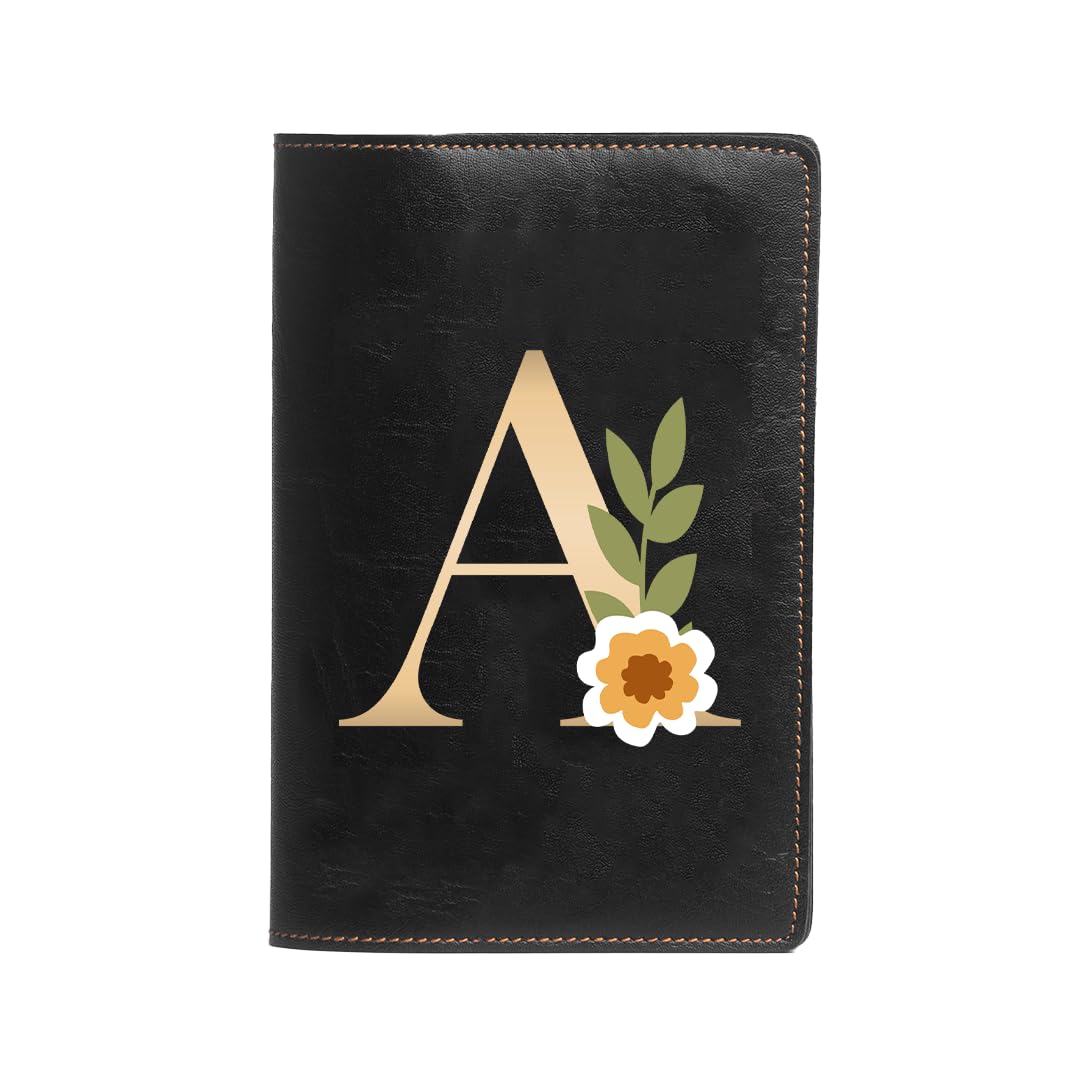 The Messy Corner Blossom Passport Cover | Travel Accessories Organizer with Name Initials- A | For Men & Women | Vegan Leather Passport Holder | Passport Cover with Card Slots| Handcrafted Gift |Black
