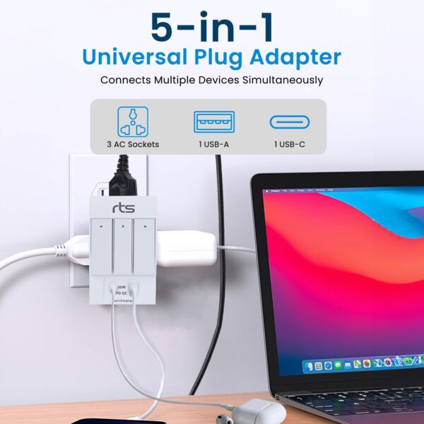 rts 3 Pin Multi Plug Socket Worldwide Universal Travel Adapter with USB Ports Type C PD Individual Switch Safety Shutter LED Indicator 3 Way Plug Socket 5A 250V Type D Plug for Home Office White