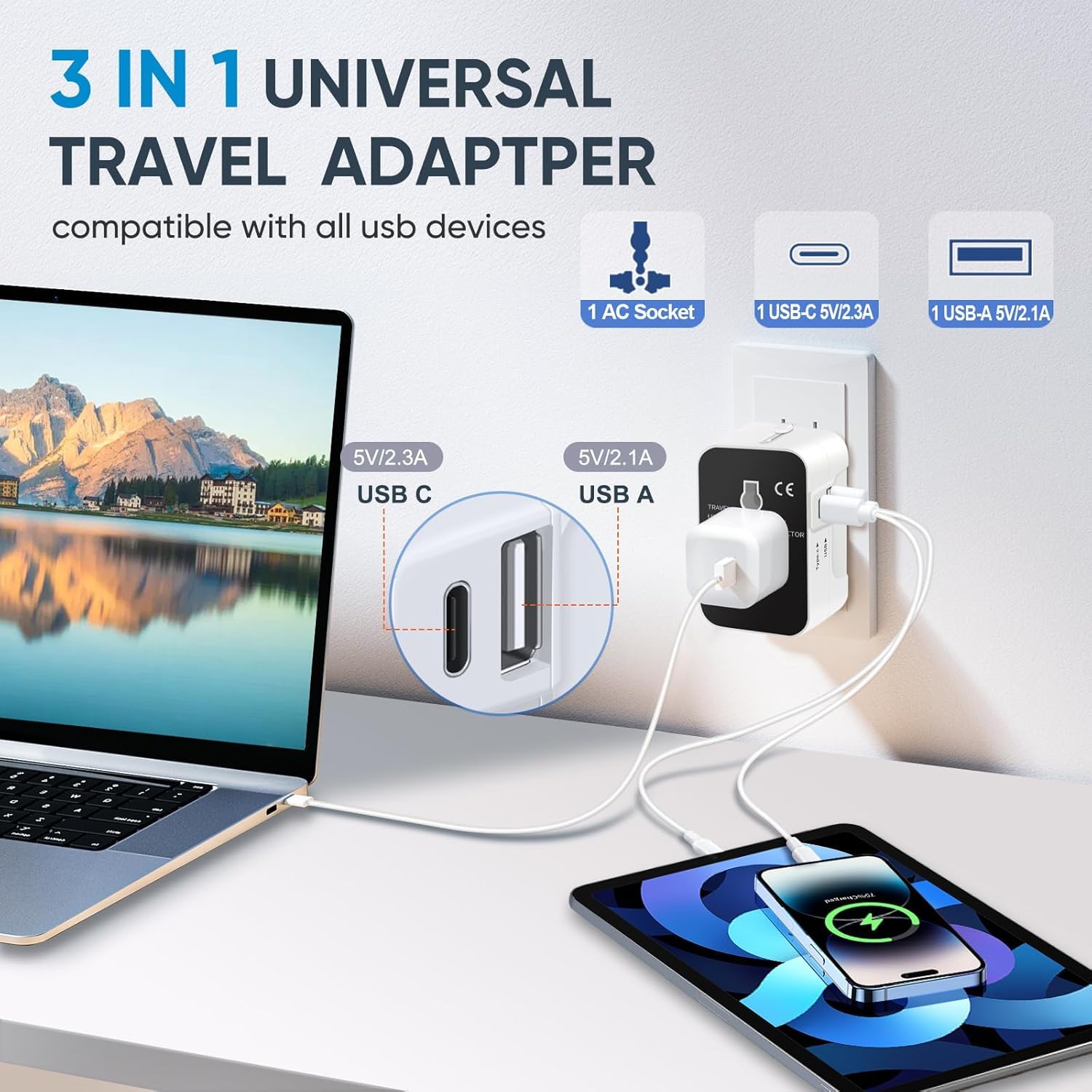 rts Universal Travel Adapter With Type C Usb C3 In 1 Universal Adapter PlugTravel Accessories With 1 Usb1 Usb C With 2.4ATravel Adaptor International All In One For PhoneLaptopMobileTablet