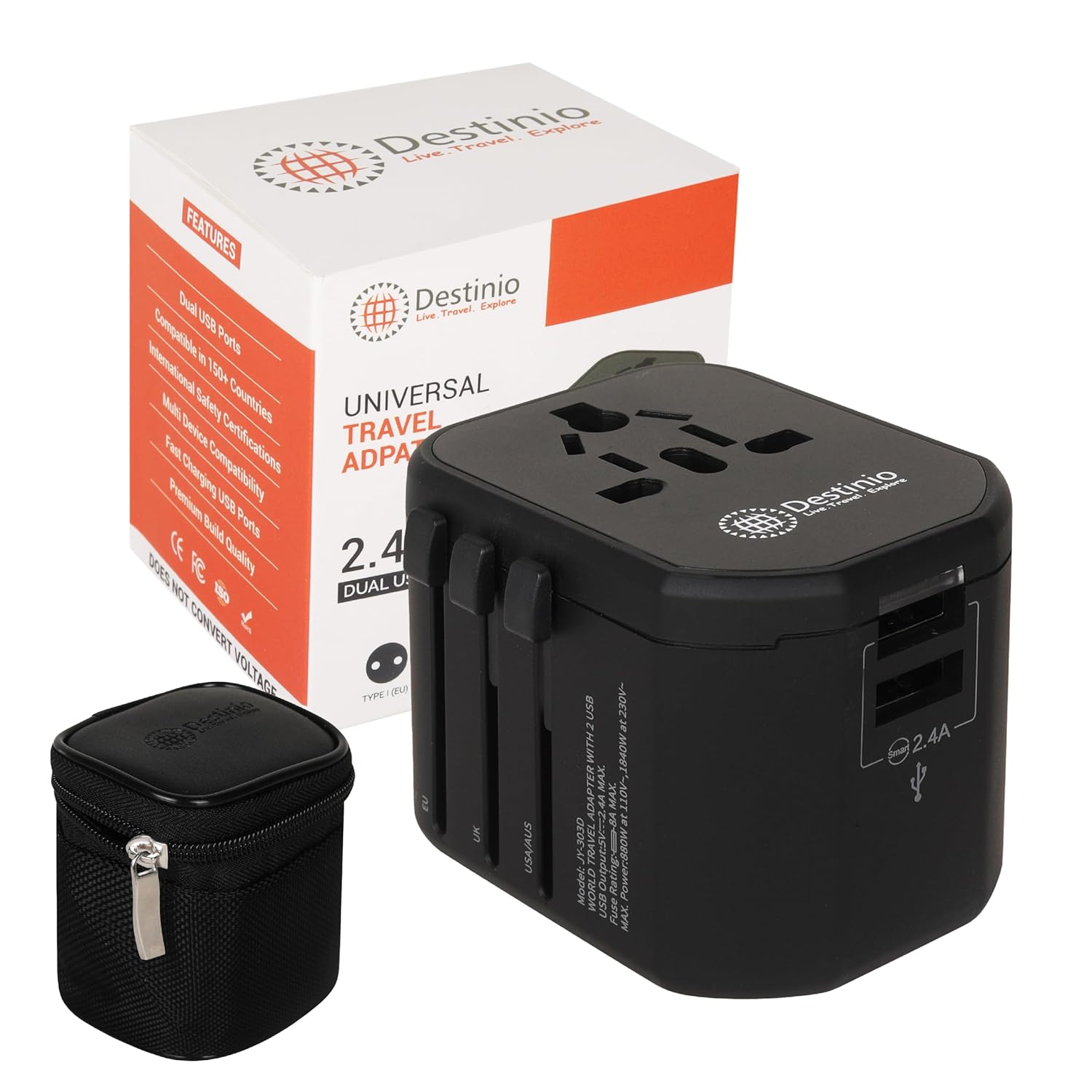 1735697512 Destinio Universal Charger Adapter with Dual USB Charger Ports Travel Pouch Included International Worldwide Travel Charger Plug for Phone MobileLaptop Black 5 Year Extended Warranty