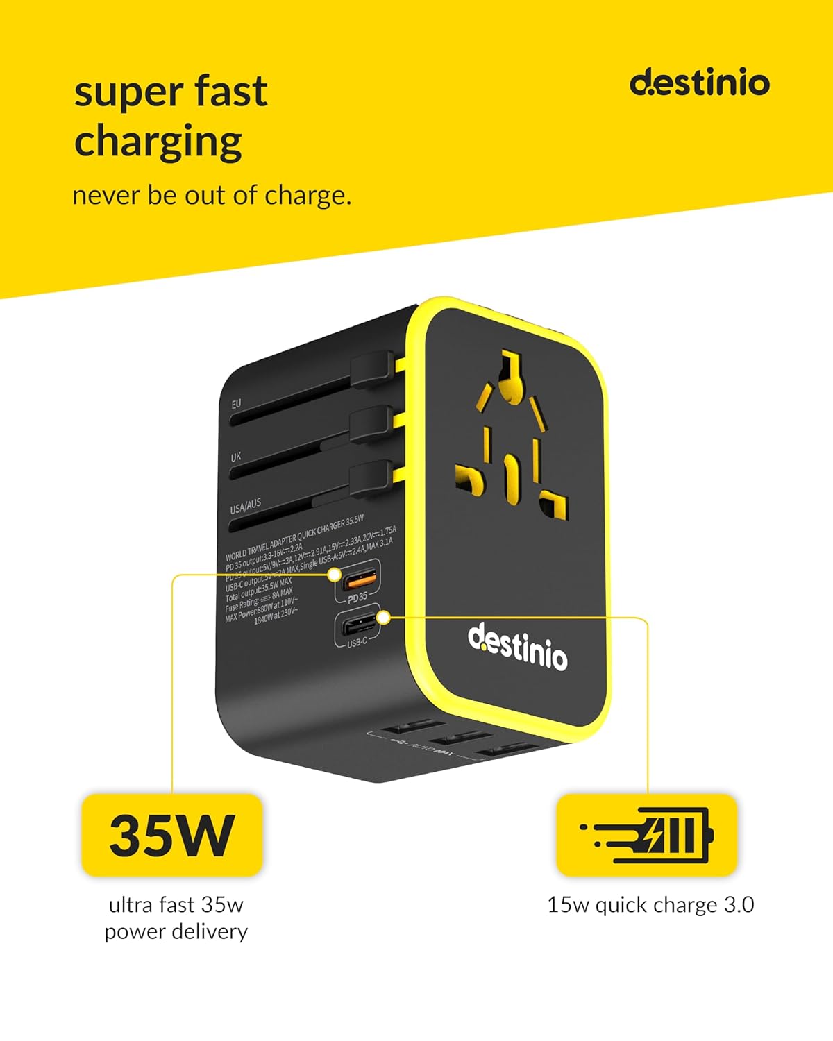 1735784032 Destinio Universal Charger Adapter 6 in 1 Fast Charging International Travel Adapter with PD Type C 3 USB Ports All in One for US UK Europe Type C Compatible 35 W Type C Yellow