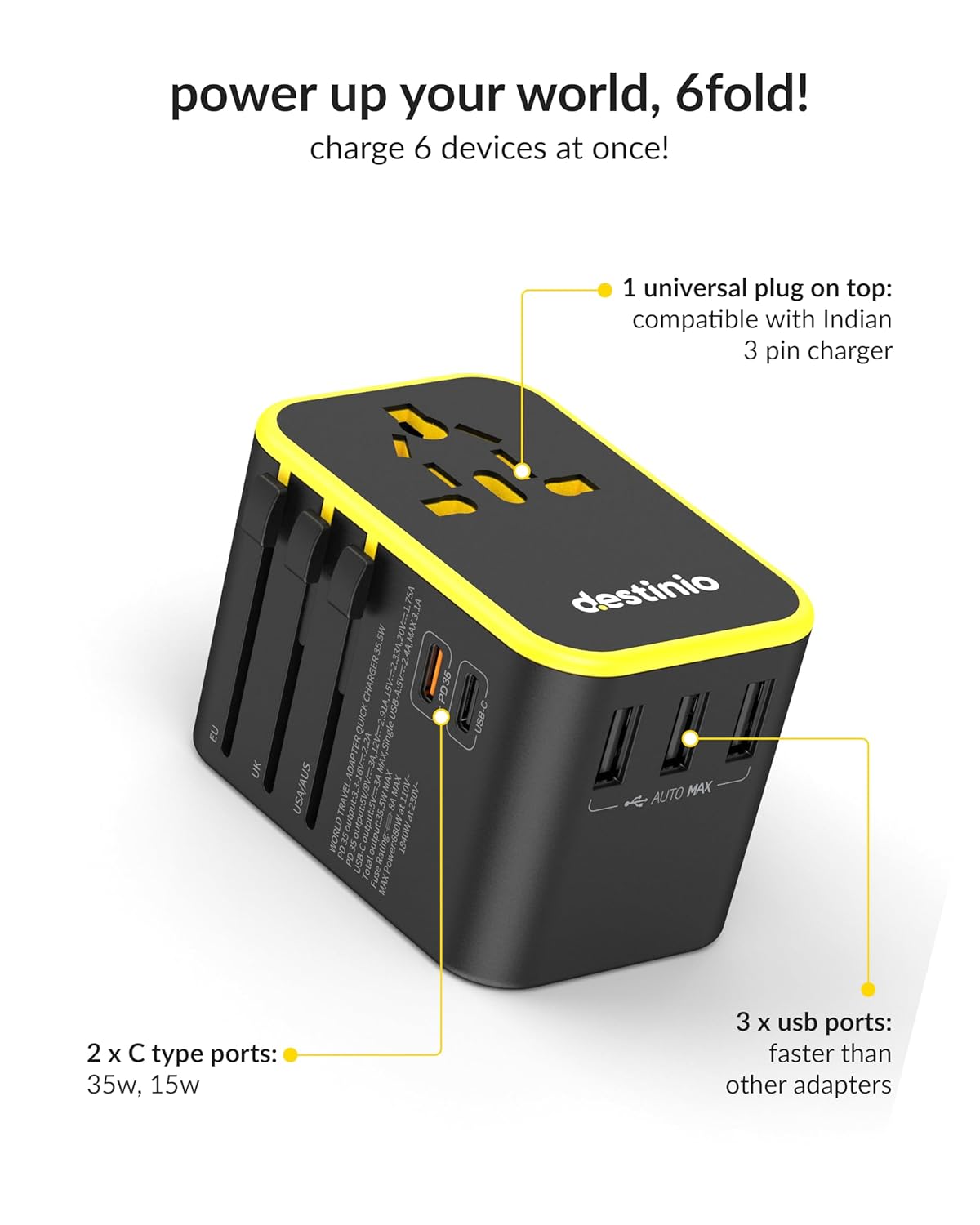 1735784034 Destinio Universal Charger Adapter 6 in 1 Fast Charging International Travel Adapter with PD Type C 3 USB Ports All in One for US UK Europe Type C Compatible 35 W Type C Yellow