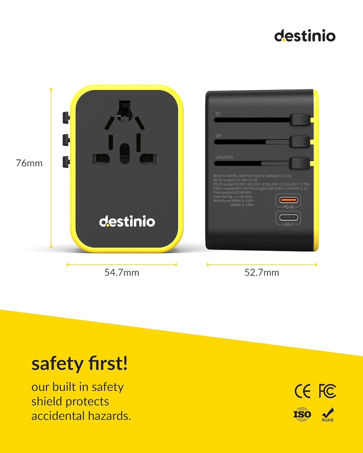 1735784036 Destinio Universal Charger Adapter 6 in 1 Fast Charging International Travel Adapter with PD Type C 3 USB Ports All in One for US UK Europe Type C Compatible 35 W Type C Yellow