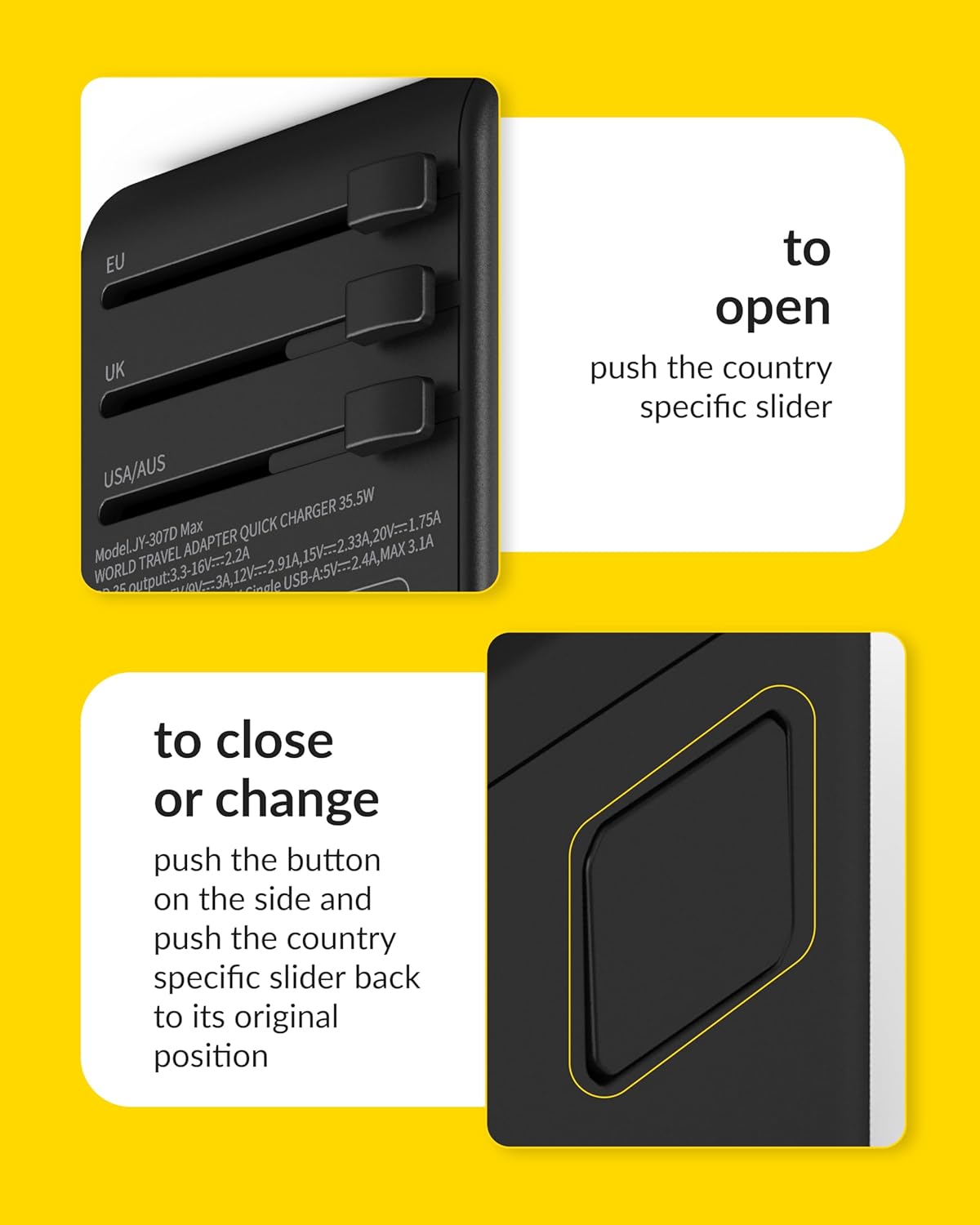 1735784038 Destinio Universal Charger Adapter 6 in 1 Fast Charging International Travel Adapter with PD Type C 3 USB Ports All in One for US UK Europe Type C Compatible 35 W Type C Yellow