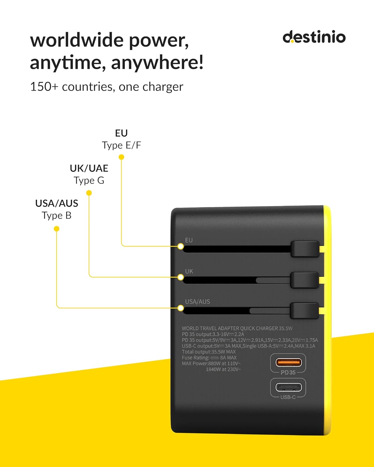 1735784040 Destinio Universal Charger Adapter 6 in 1 Fast Charging International Travel Adapter with PD Type C 3 USB Ports All in One for US UK Europe Type C Compatible 35 W Type C Yellow