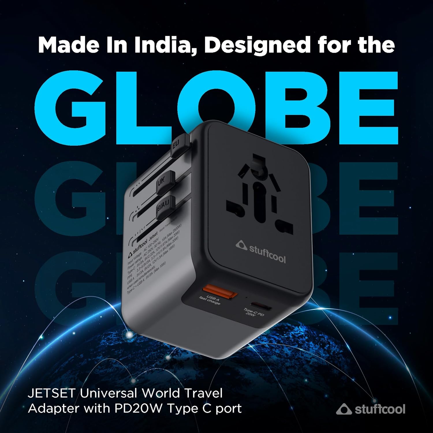 1737100189 Stuffcool Jetset Made in India Universal Travel Adapter with US UK EU AUS pins Works in 150 Countries with PD20W Type C Port and 18W Type A Port Built in Charges iPhones 50 in 30 mins