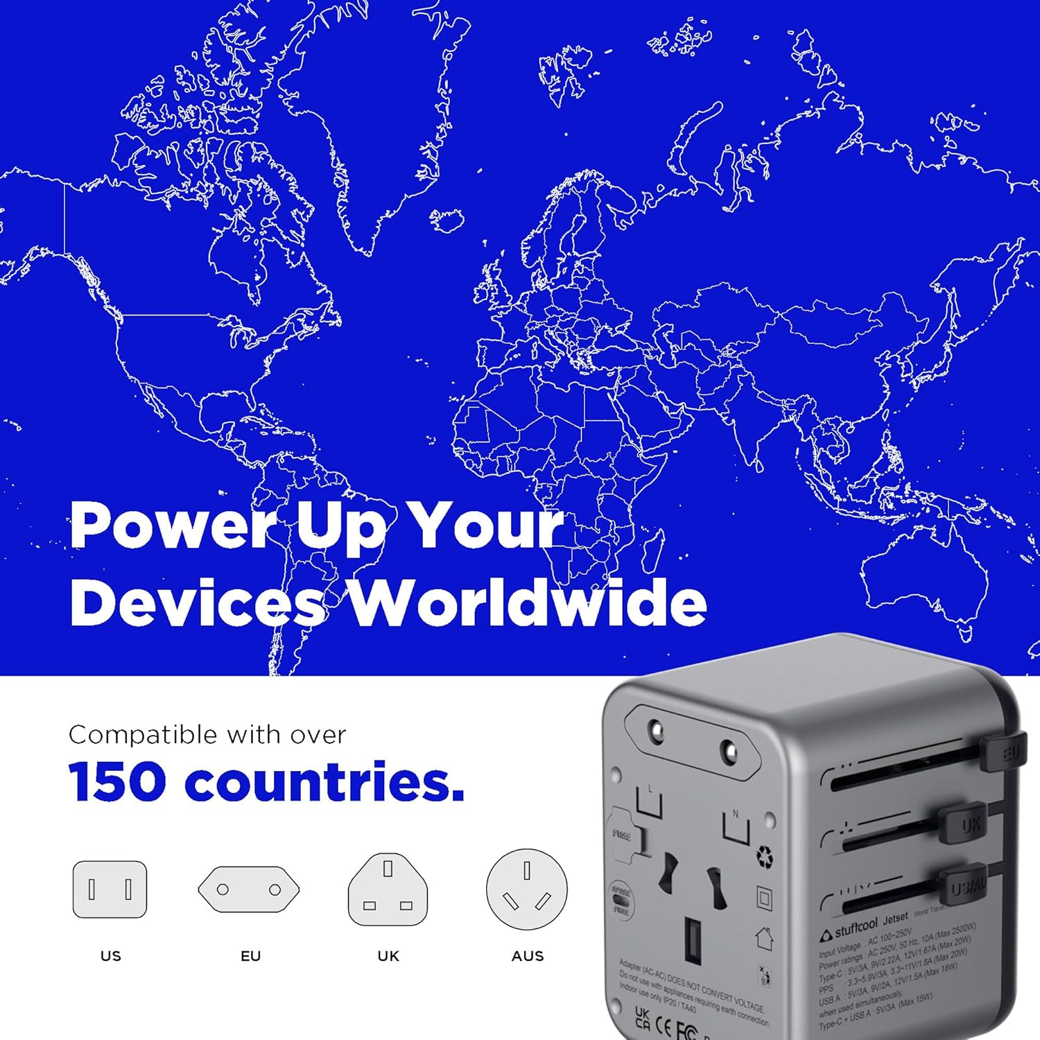 1737100192 Stuffcool Jetset Made in India Universal Travel Adapter with US UK EU AUS pins Works in 150 Countries with PD20W Type C Port and 18W Type A Port Built in Charges iPhones 50 in 30 mins